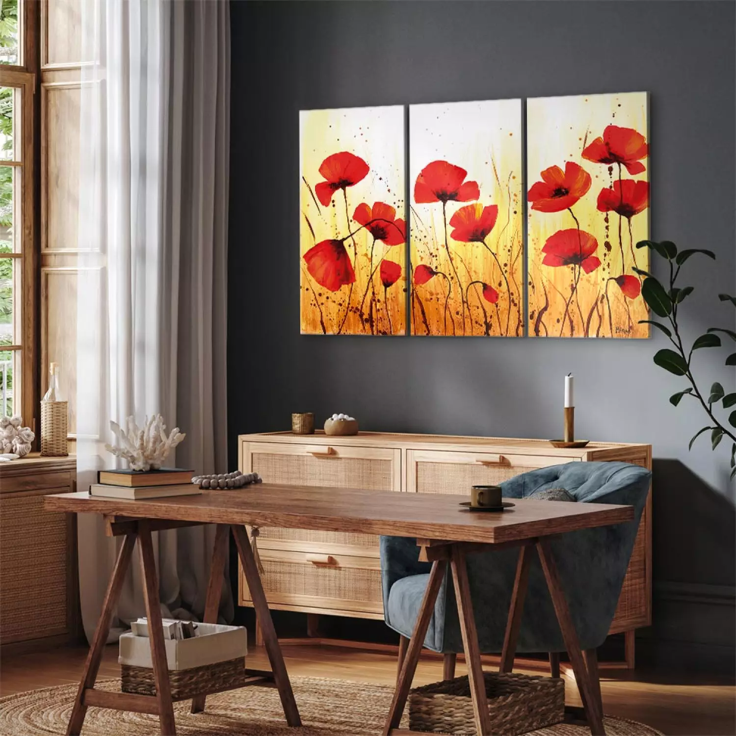Canvas Print Golden Poppy Meadow (3-piece) - Red flowers on a background with splatters