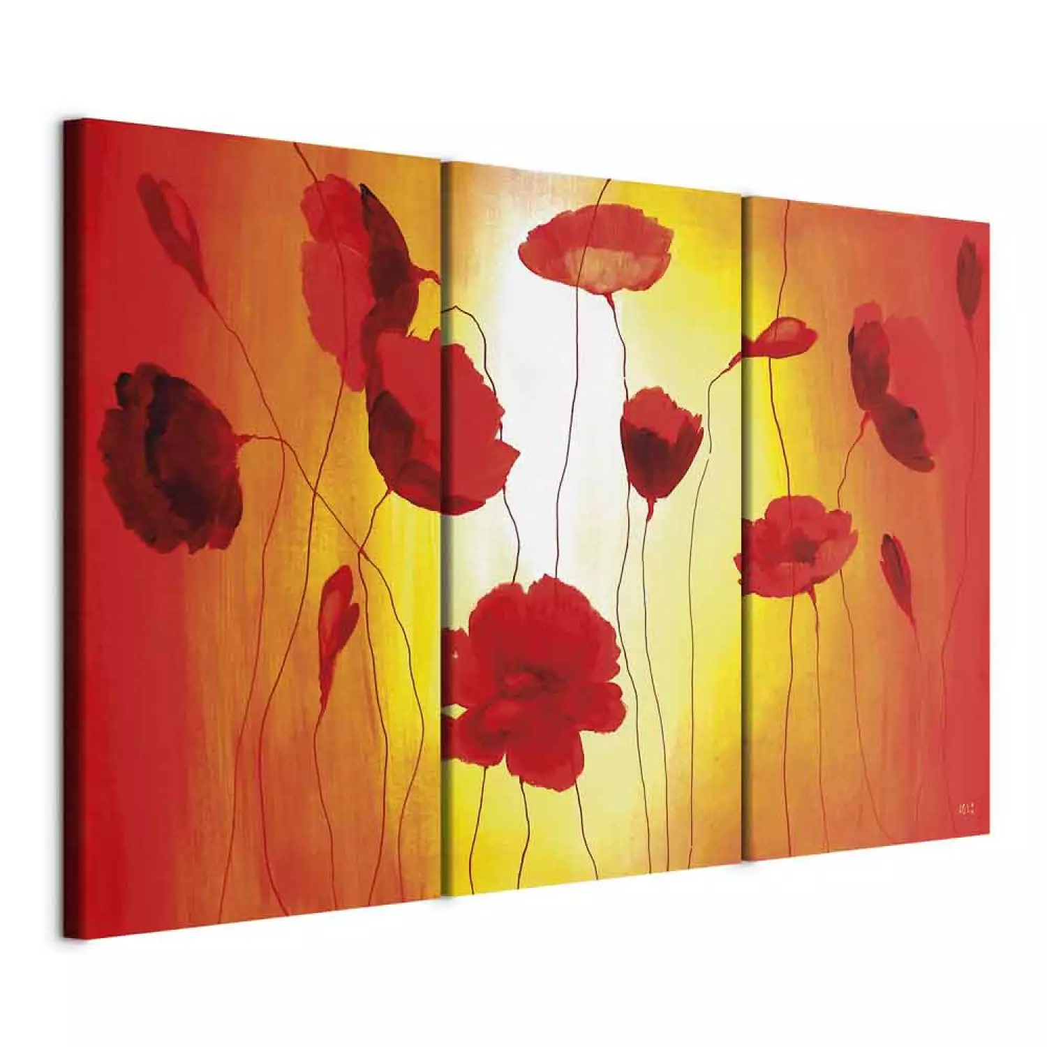 Canvas Art Print Poppies in the Sun (3-piece) - Flowers on shades of orange background