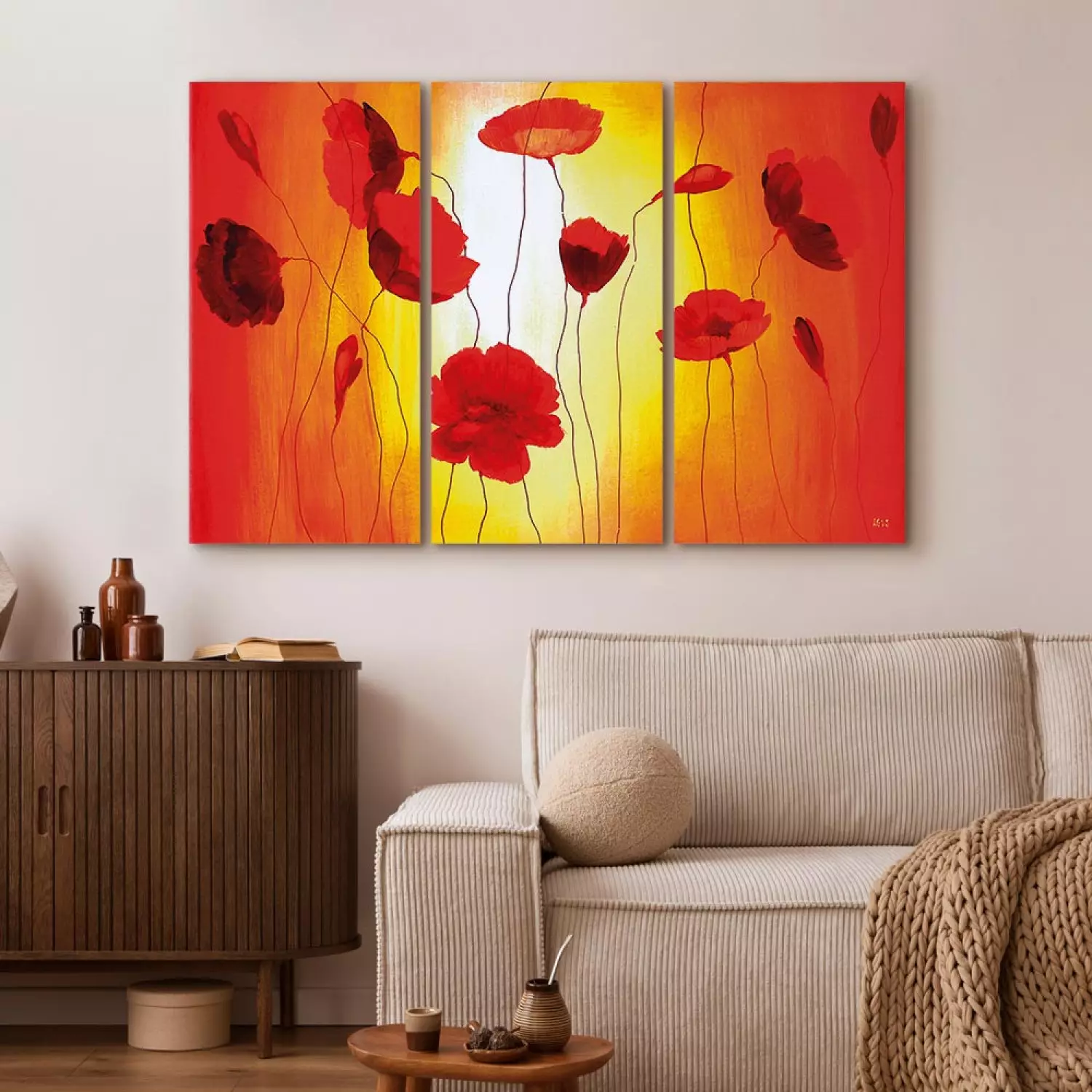 Canvas Art Print Poppies in the Sun (3-piece) - Flowers on shades of orange background