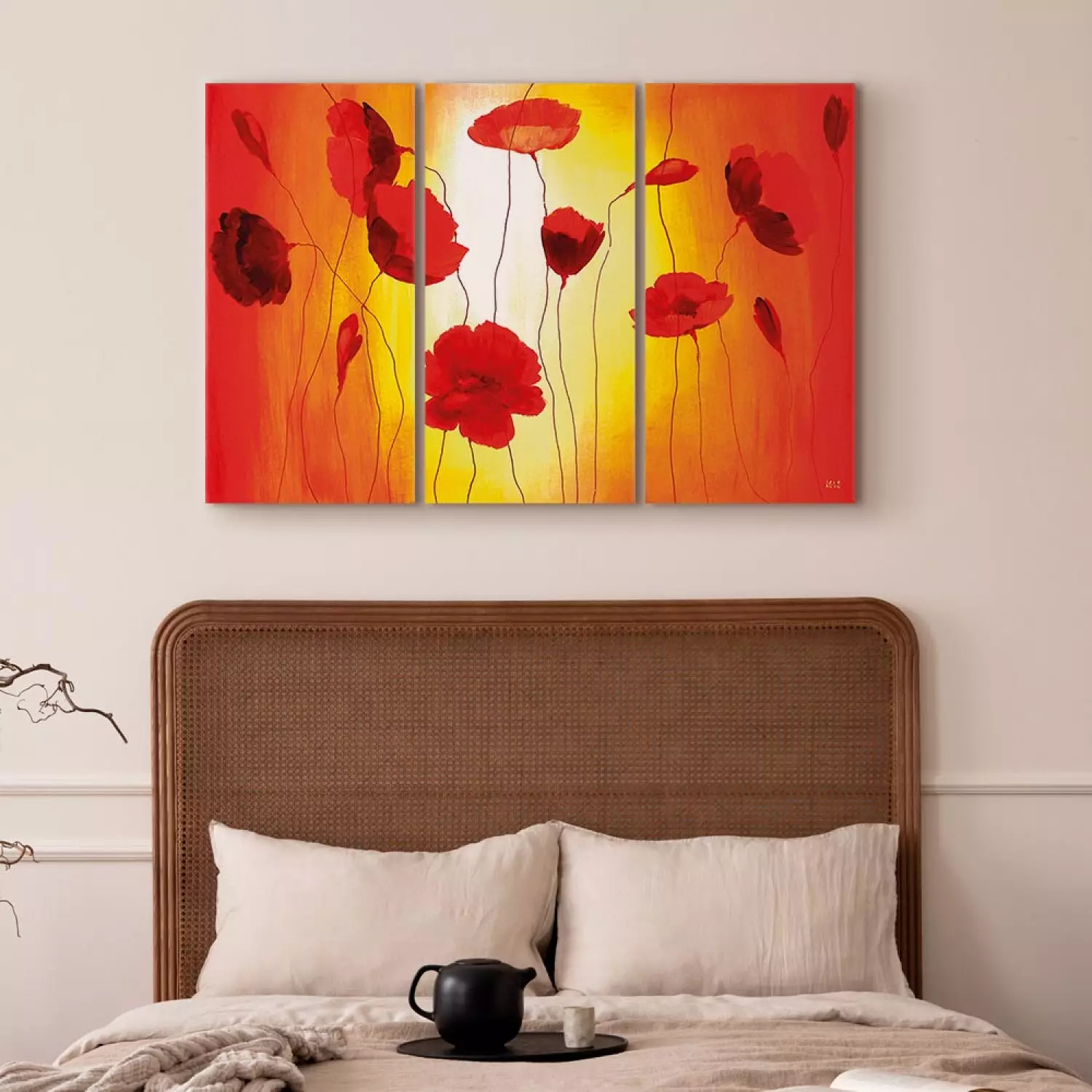 Canvas Art Print Poppies in the Sun (3-piece) - Flowers on shades of orange background