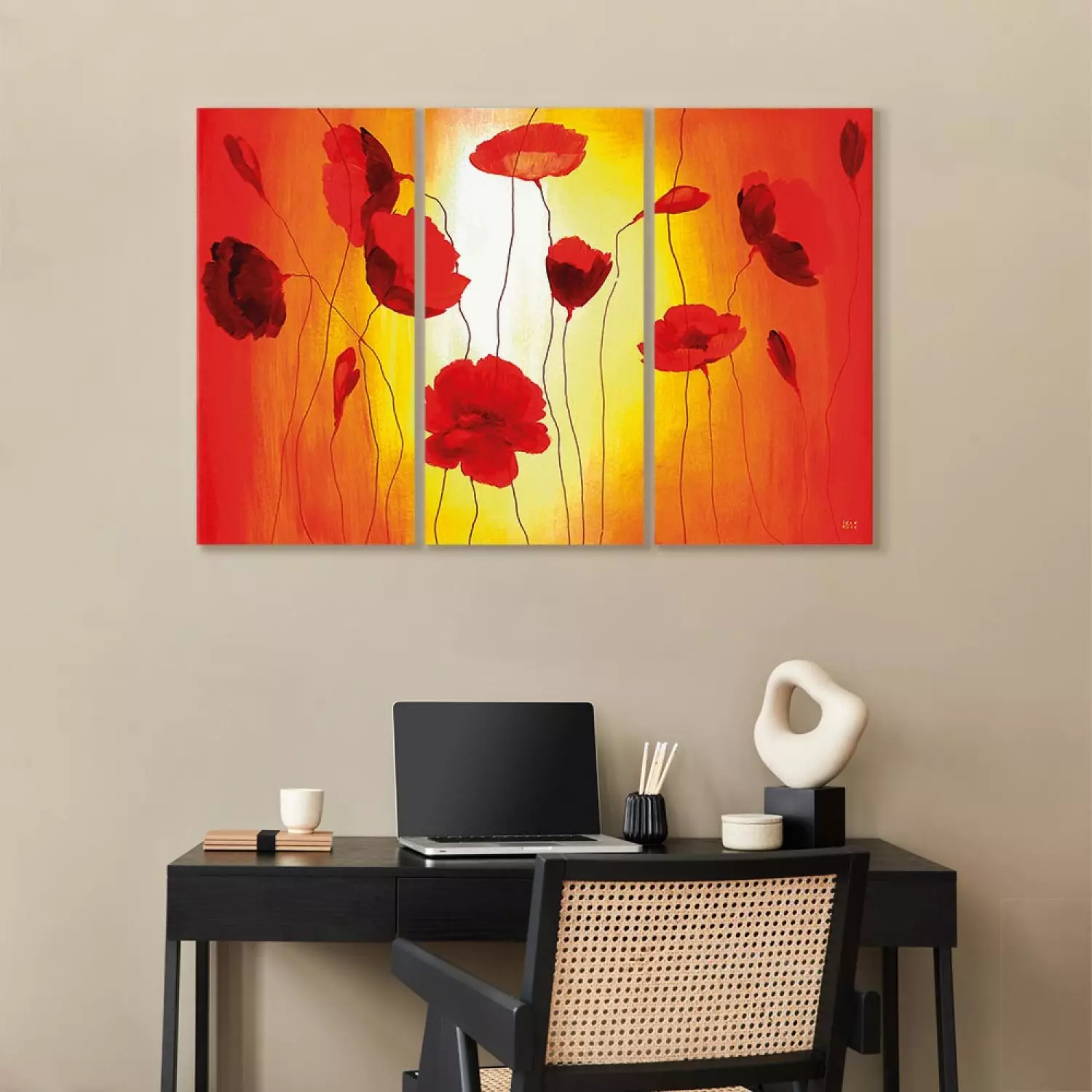 Canvas Art Print Poppies in the Sun (3-piece) - Flowers on shades of orange background