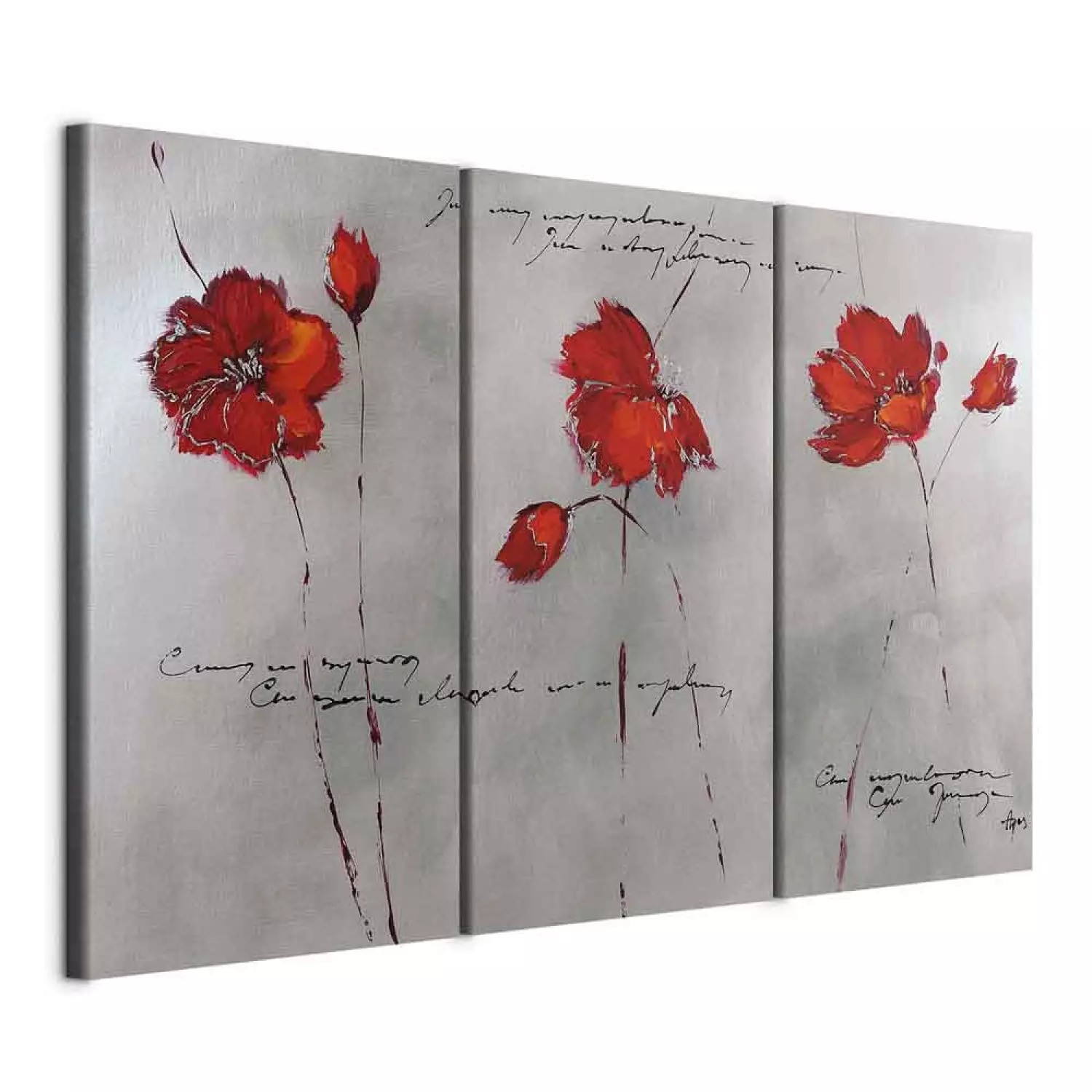 Canvas Print Subtlety of Poppies (3-piece) - Gray fantasy with flowers and inscriptions
