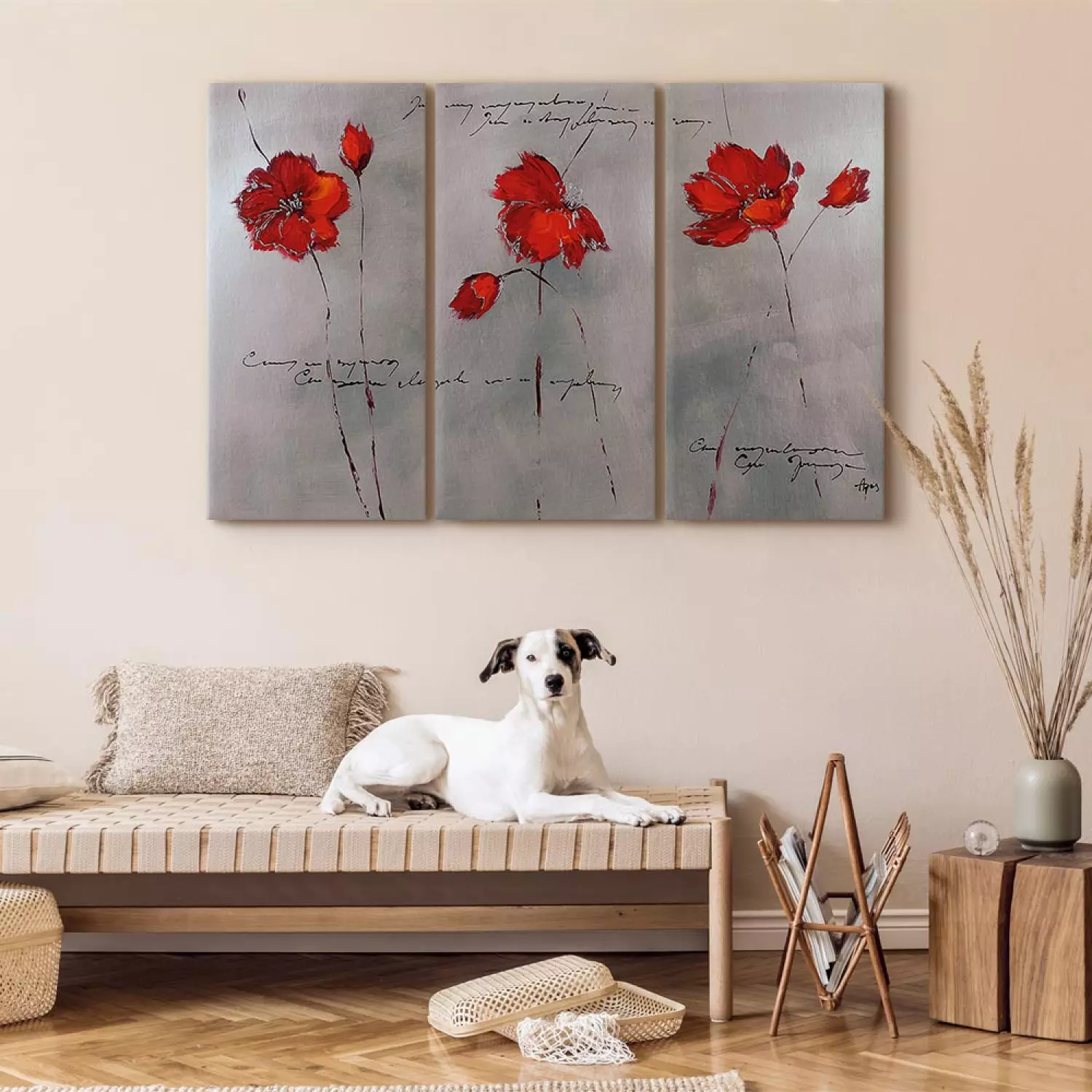 Canvas Print Subtlety of Poppies (3-piece) - Gray fantasy with flowers and inscriptions