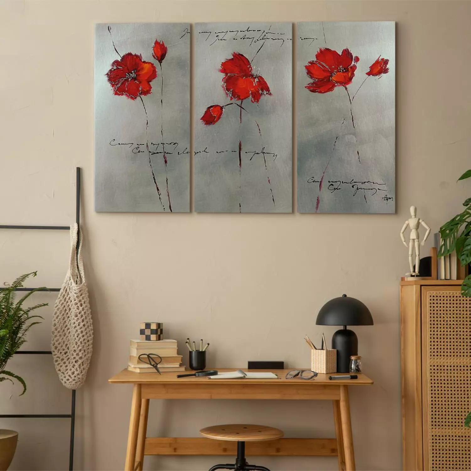 Canvas Print Subtlety of Poppies (3-piece) - Gray fantasy with flowers and inscriptions
