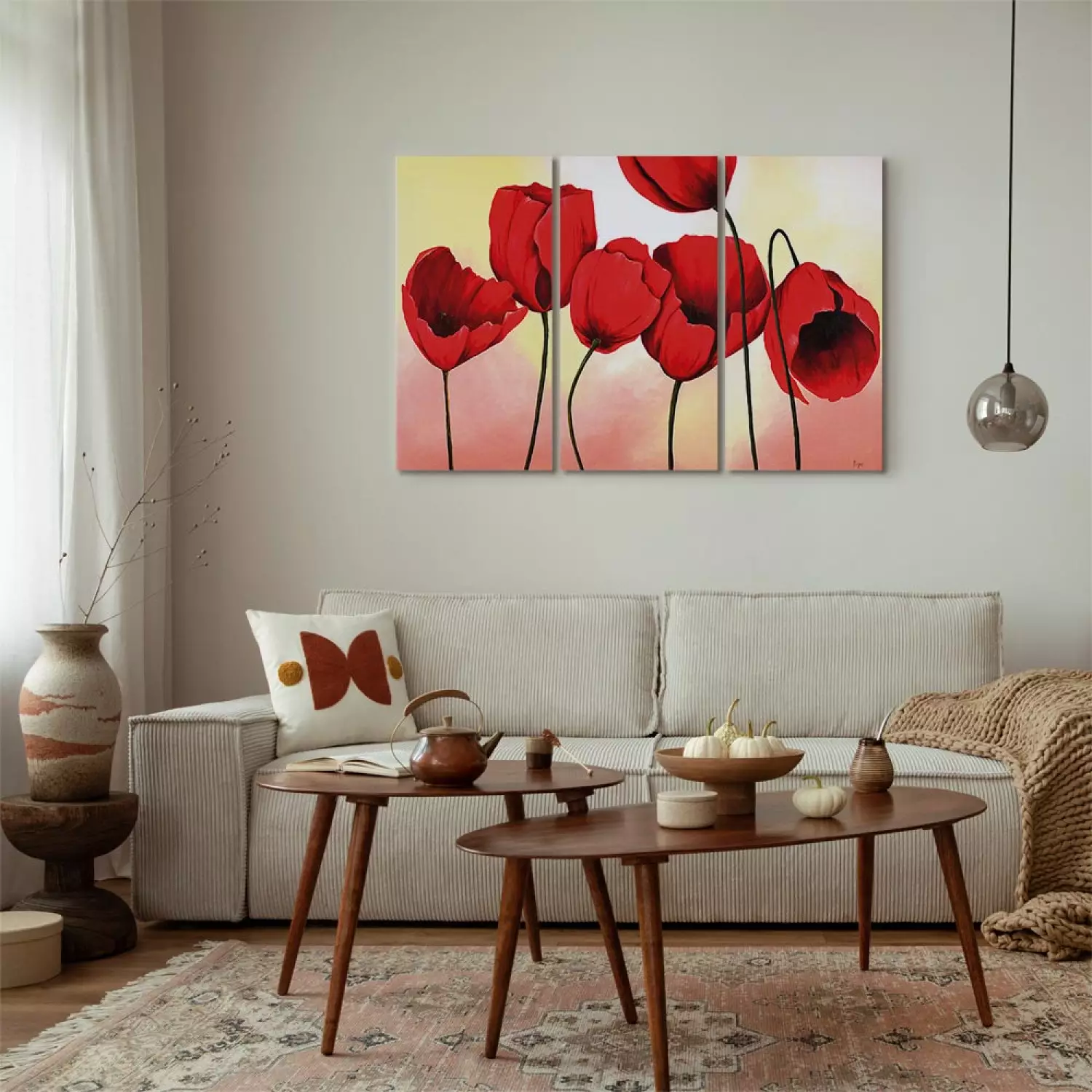 Canvas Print Red Flowers (3-piece) - Composition of tulips on a pastel background