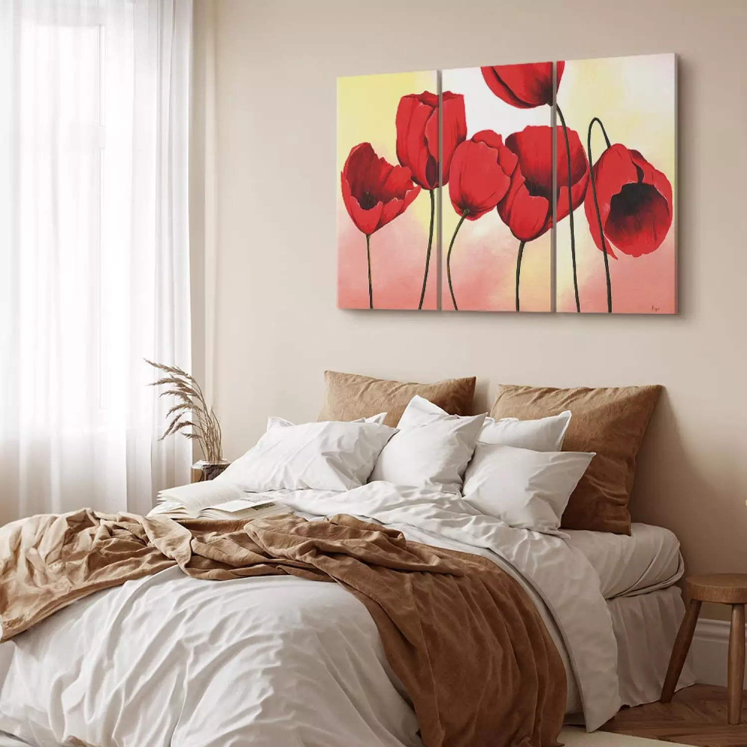 Canvas Print Red Flowers (3-piece) - Composition of tulips on a pastel background