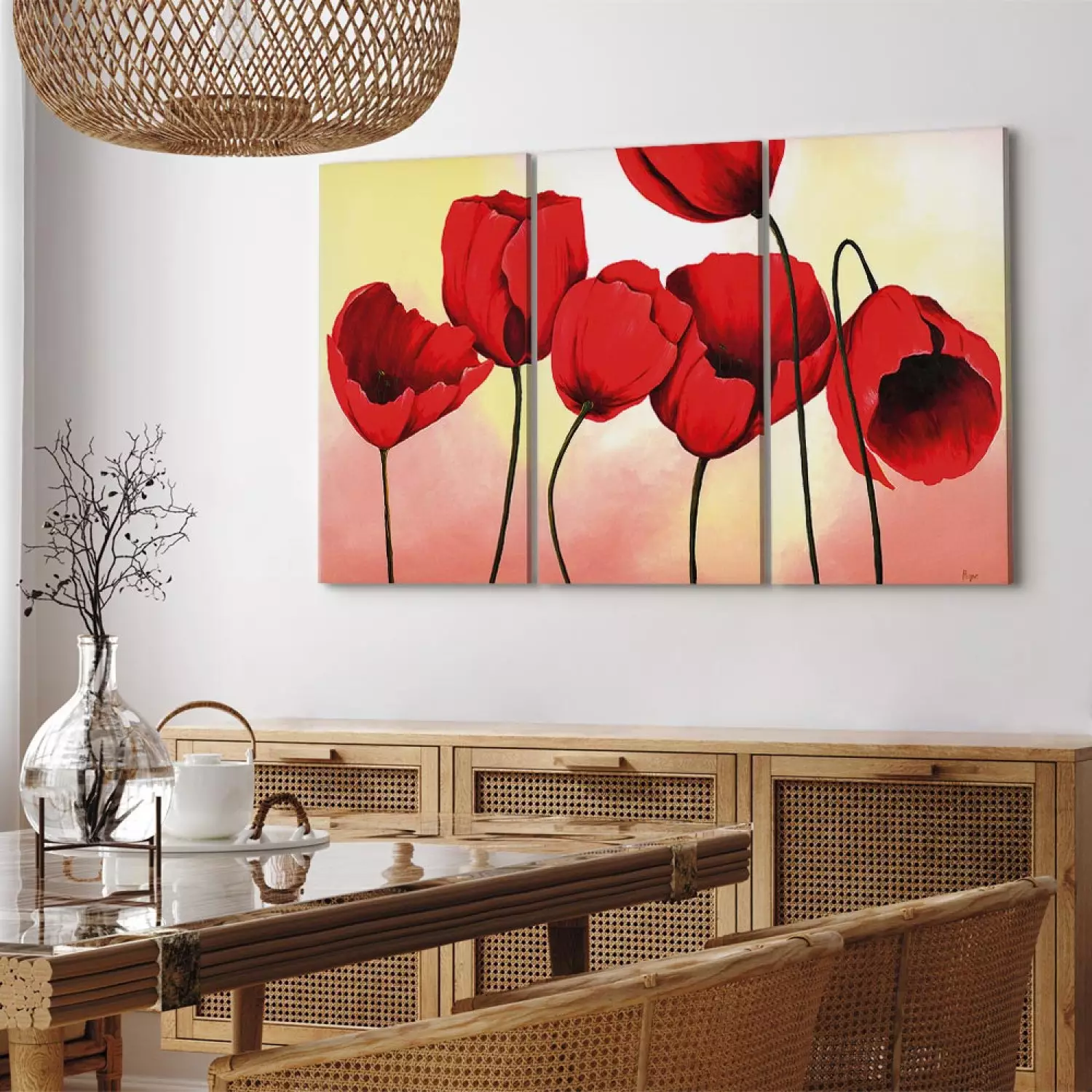Canvas Print Red Flowers (3-piece) - Composition of tulips on a pastel background