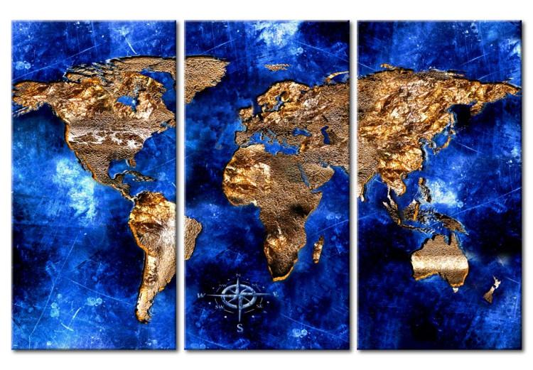 Canvas Golden Continents (3-part) - world map with a navy blue ocean