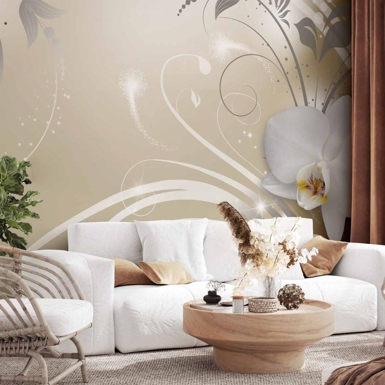 Wall Mural Floral Abstraction - white orchid flowers with silver ornaments