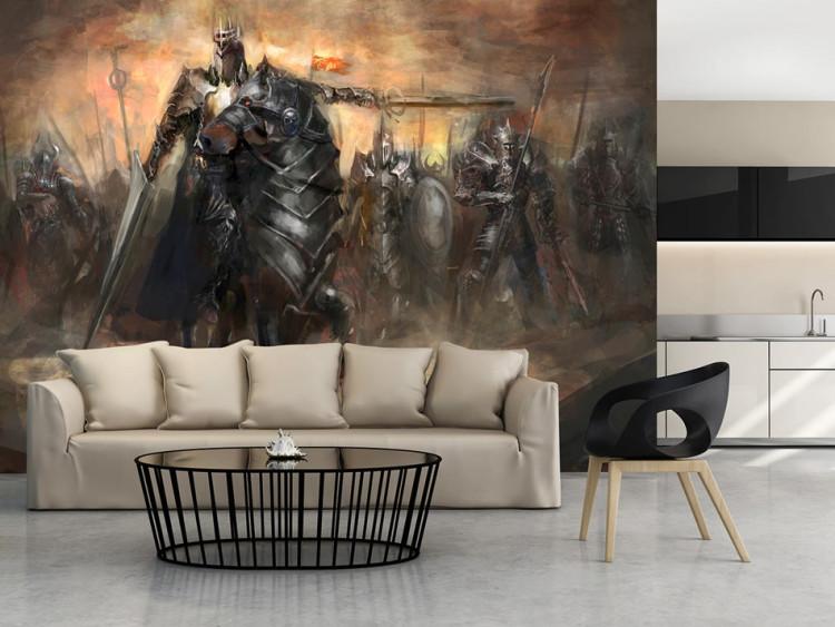 Wall Mural Black Knight - fairy-tale fantasy with a horse-mounted knight on a battlefield