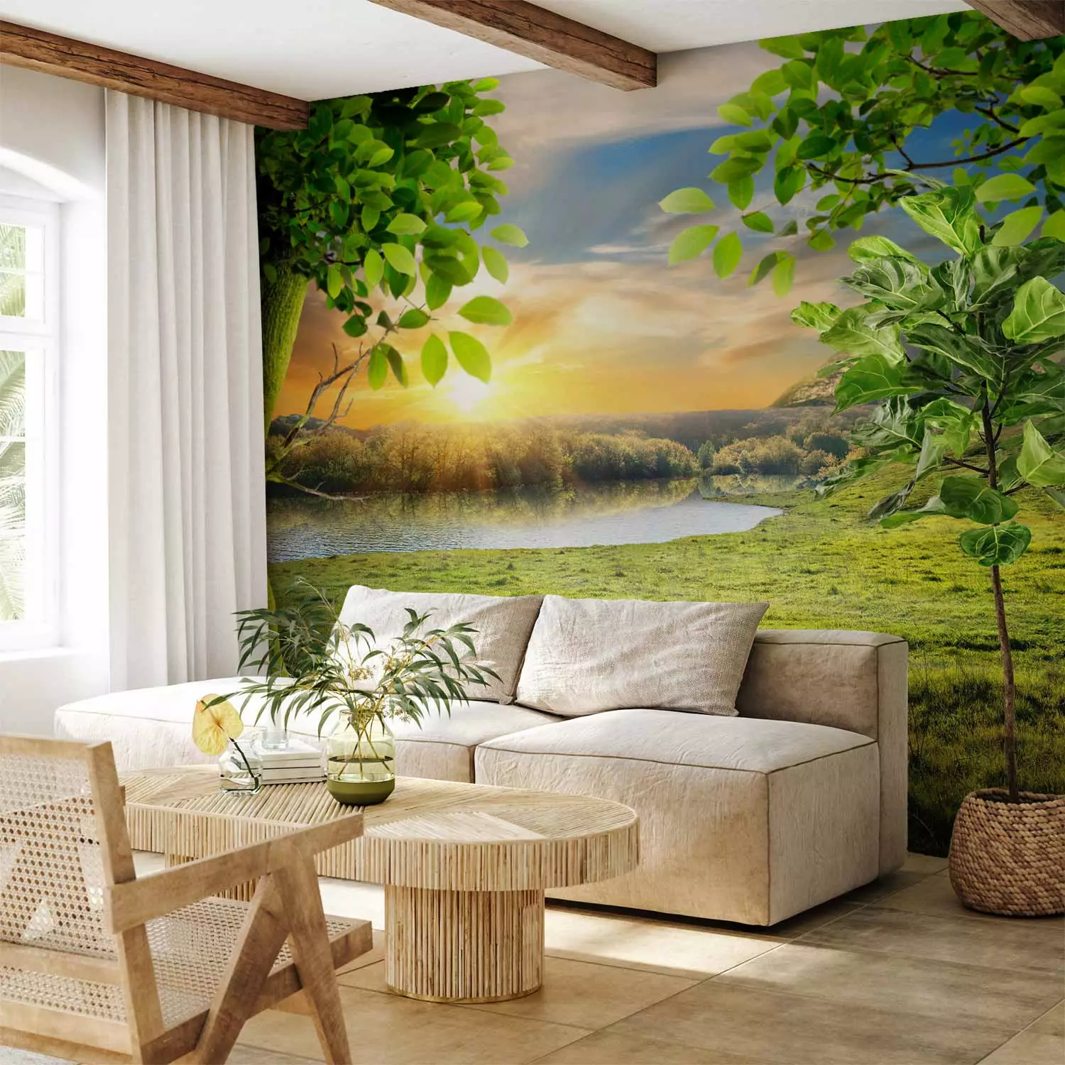 Wall Mural Peaceful Meadow - landscape with trees against mountains and a rising sun