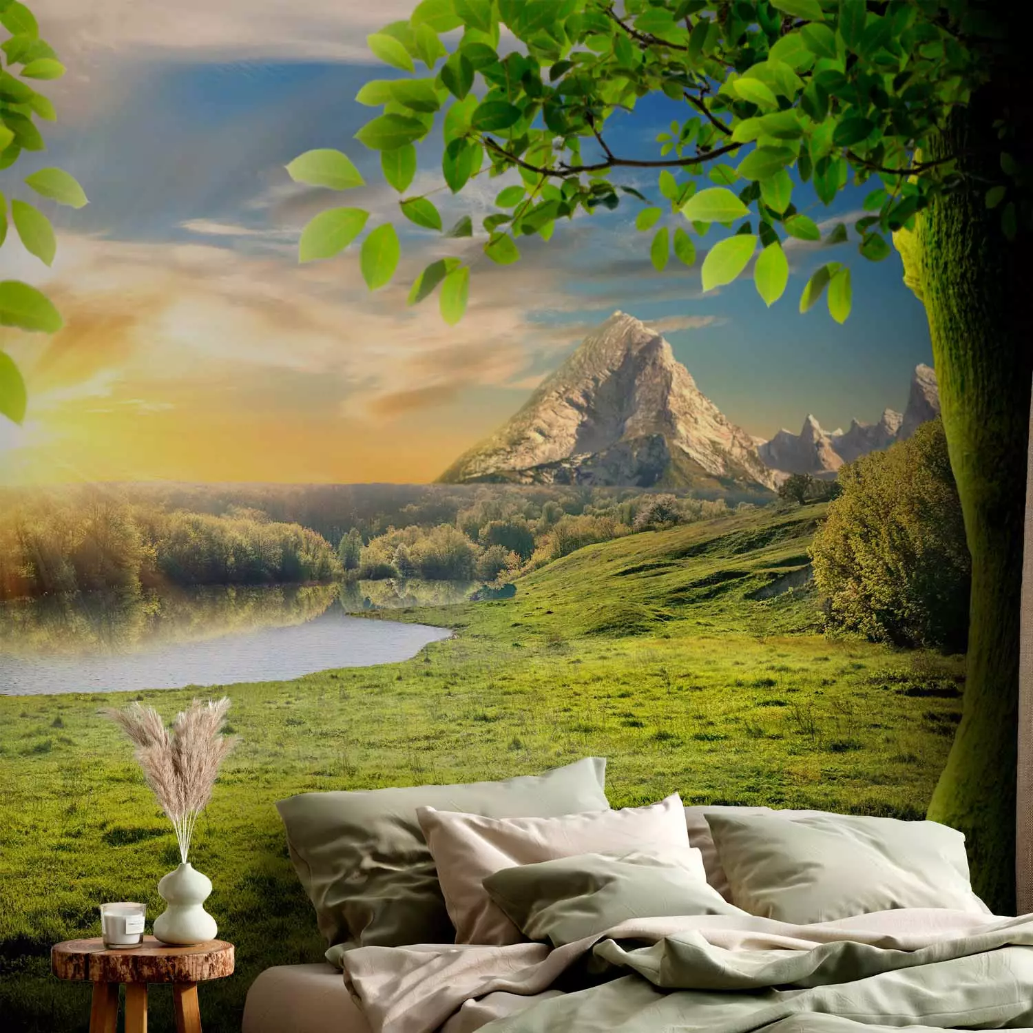 Wall Mural Peaceful Meadow - landscape with trees against mountains and a rising sun