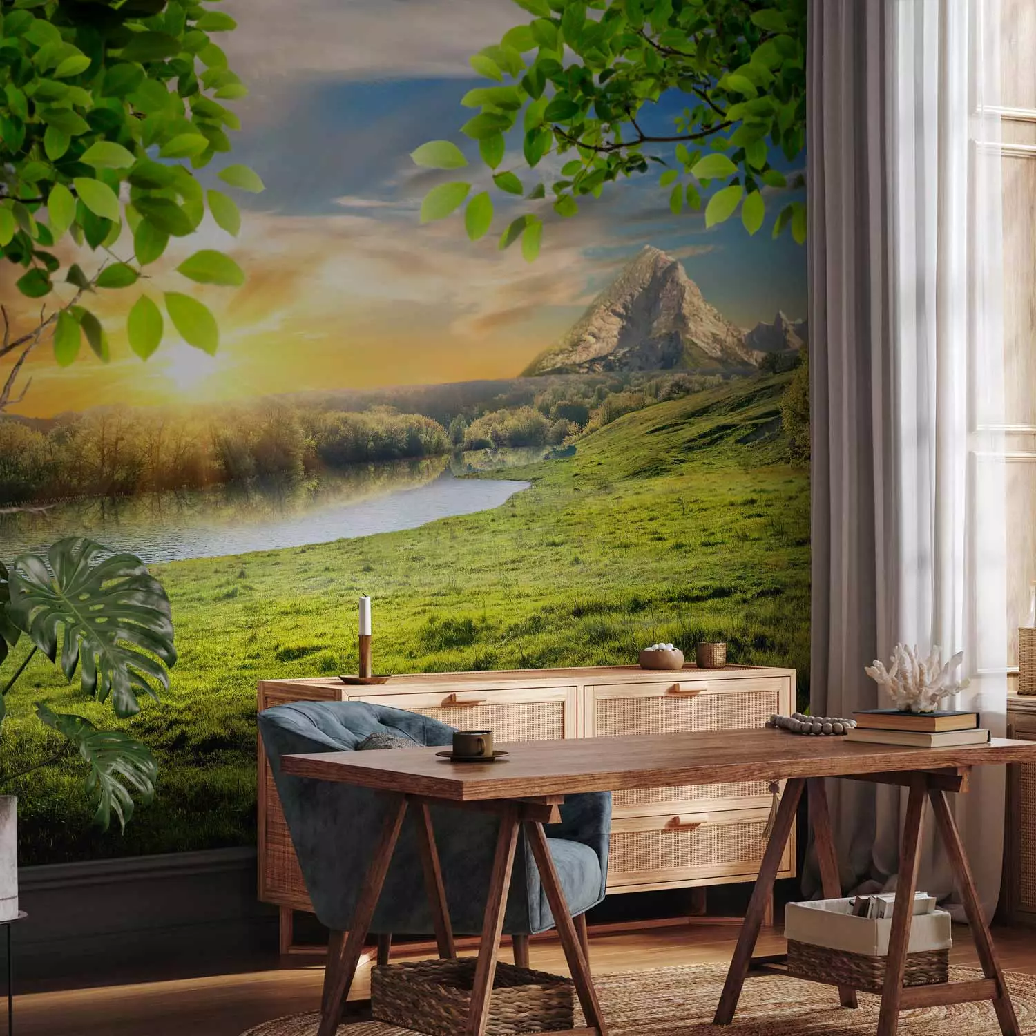 Wall Mural Peaceful Meadow - landscape with trees against mountains and a rising sun