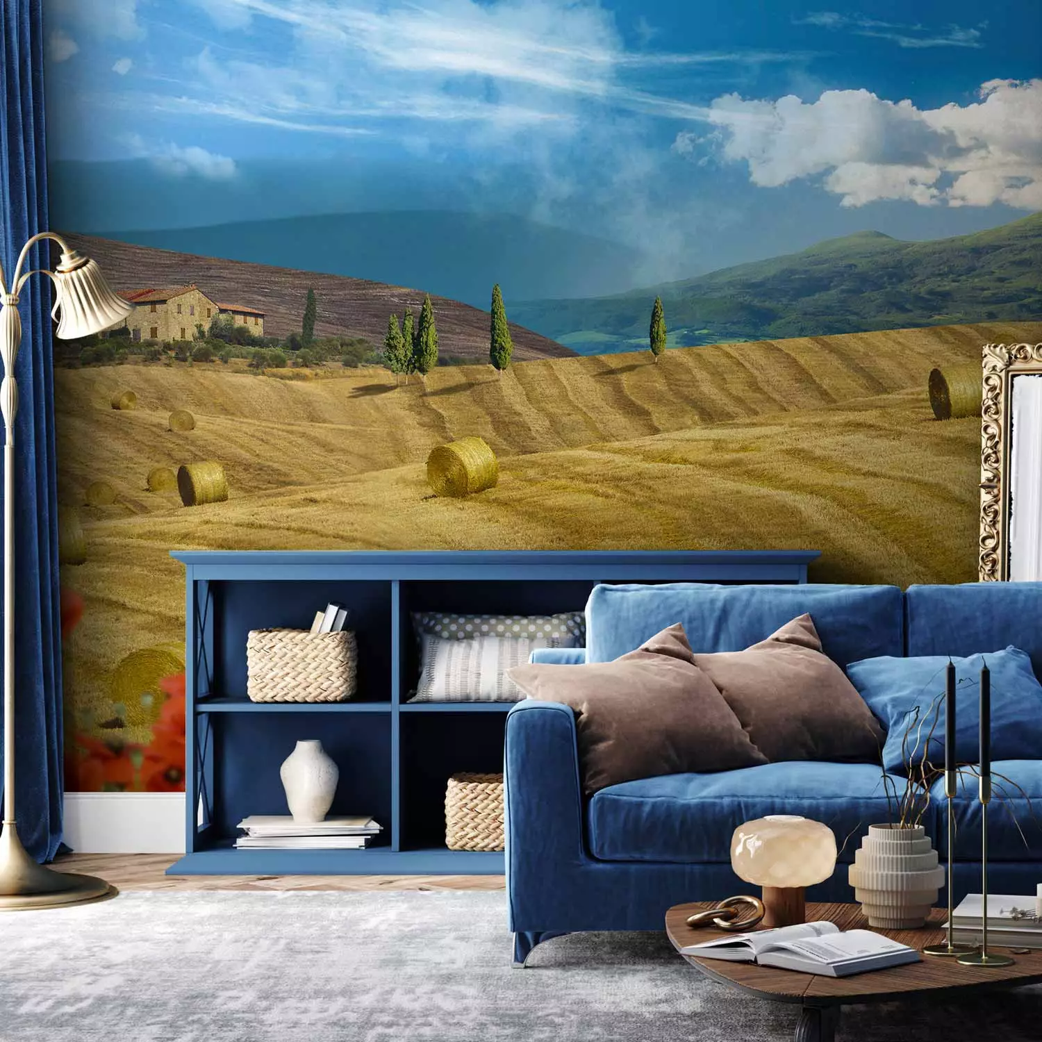 Wall Mural Italian Tuscany - Landscape of Countryside with Trees on Golden Meadows