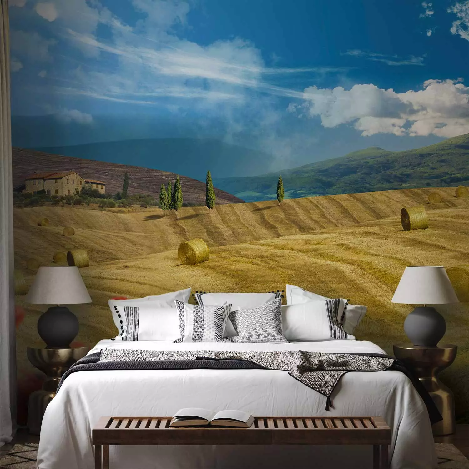 Wall Mural Italian Tuscany - Landscape of Countryside with Trees on Golden Meadows