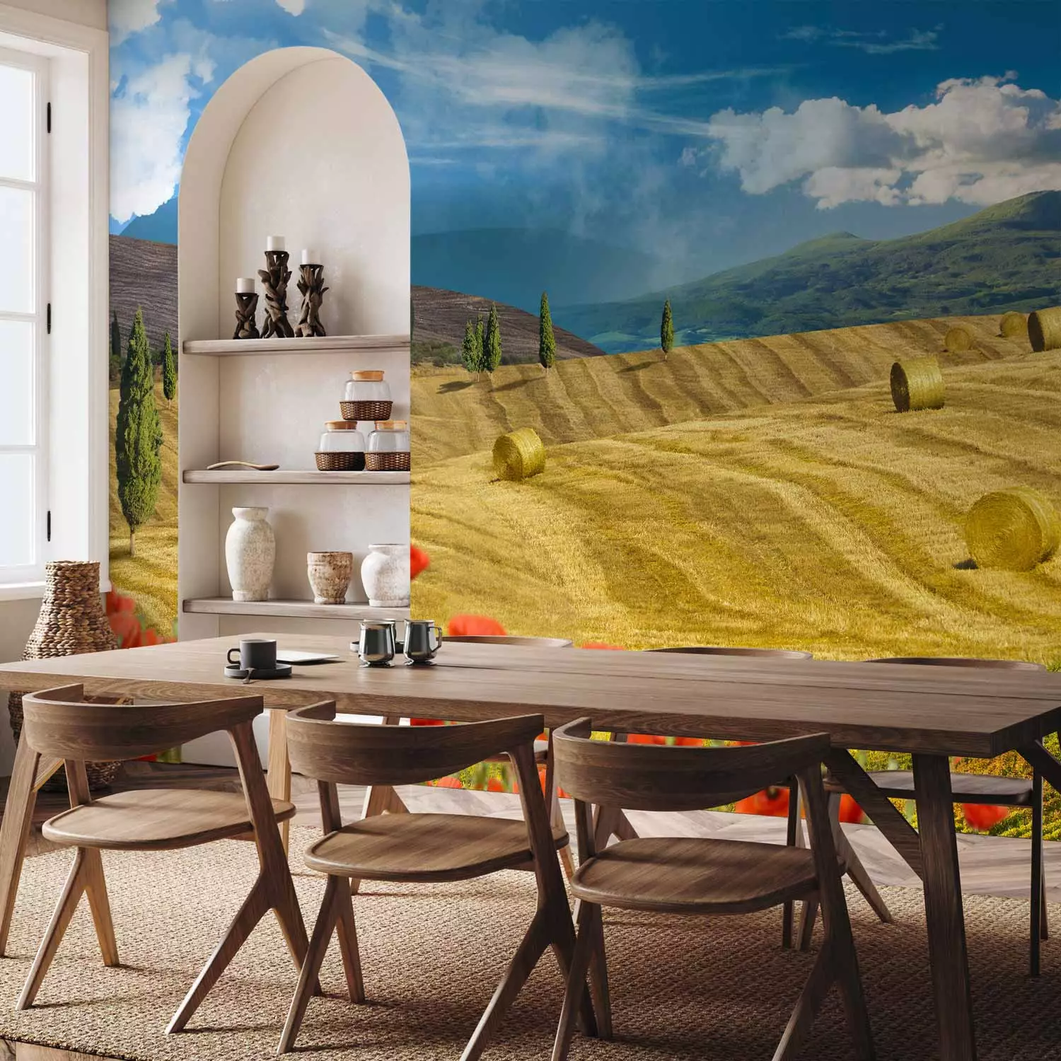 Wall Mural Italian Tuscany - Landscape of Countryside with Trees on Golden Meadows