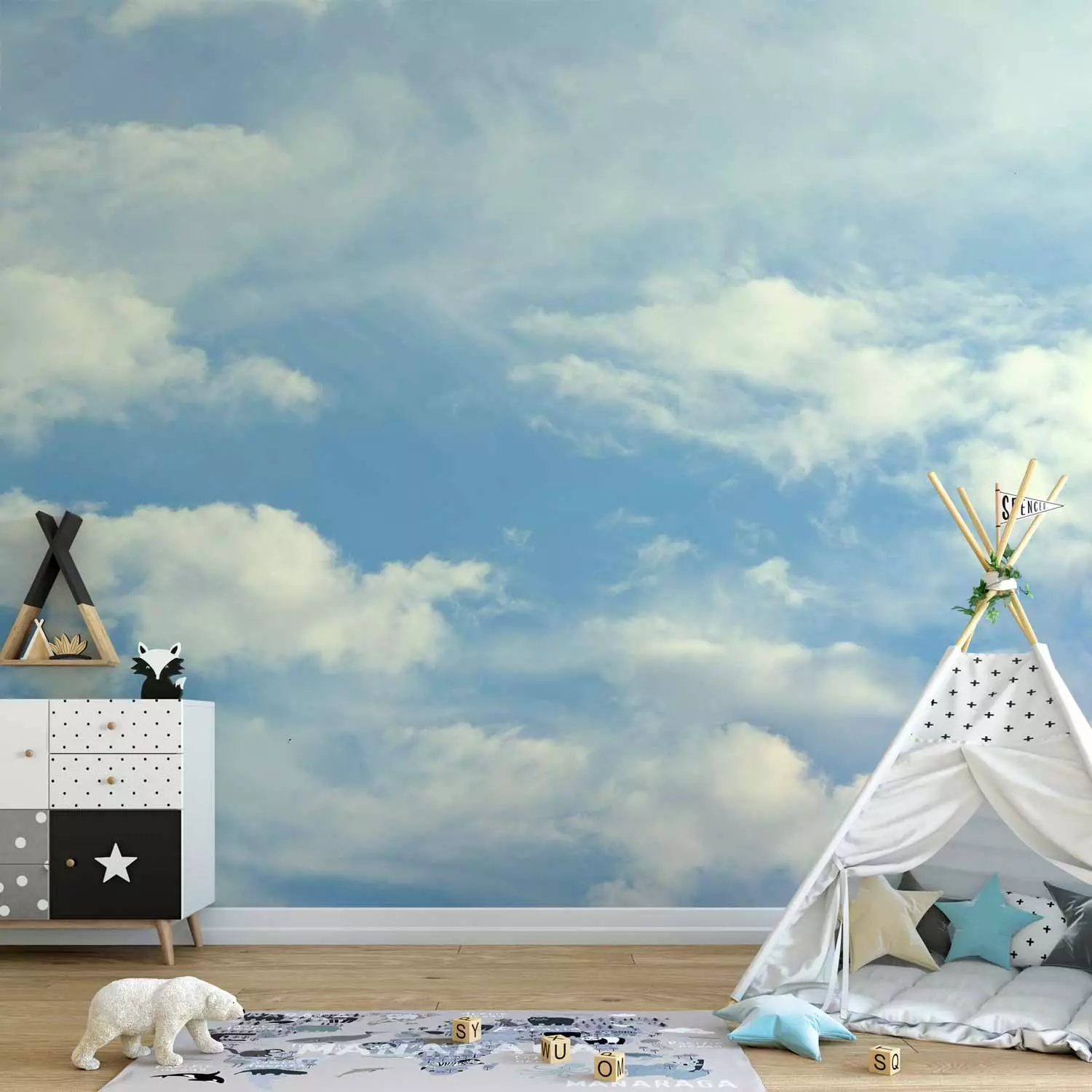 Wall Mural Head in the Clouds - Landscape of Blue Sky with White Clouds