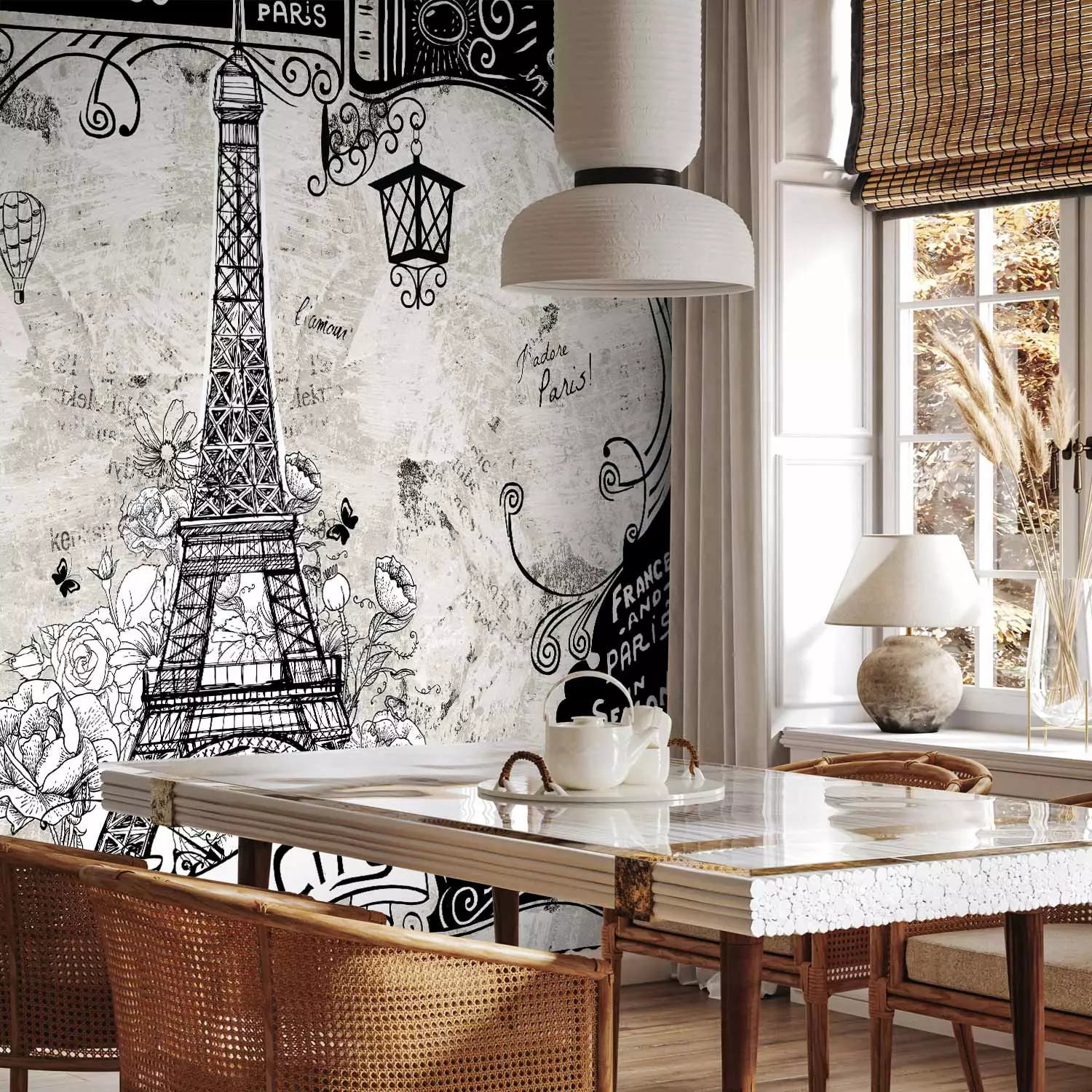 Photo Wallpaper Bonjour Paris - Black and White Collage with Eiffel Tower  in French Style - bimago, image size:1500x1500
