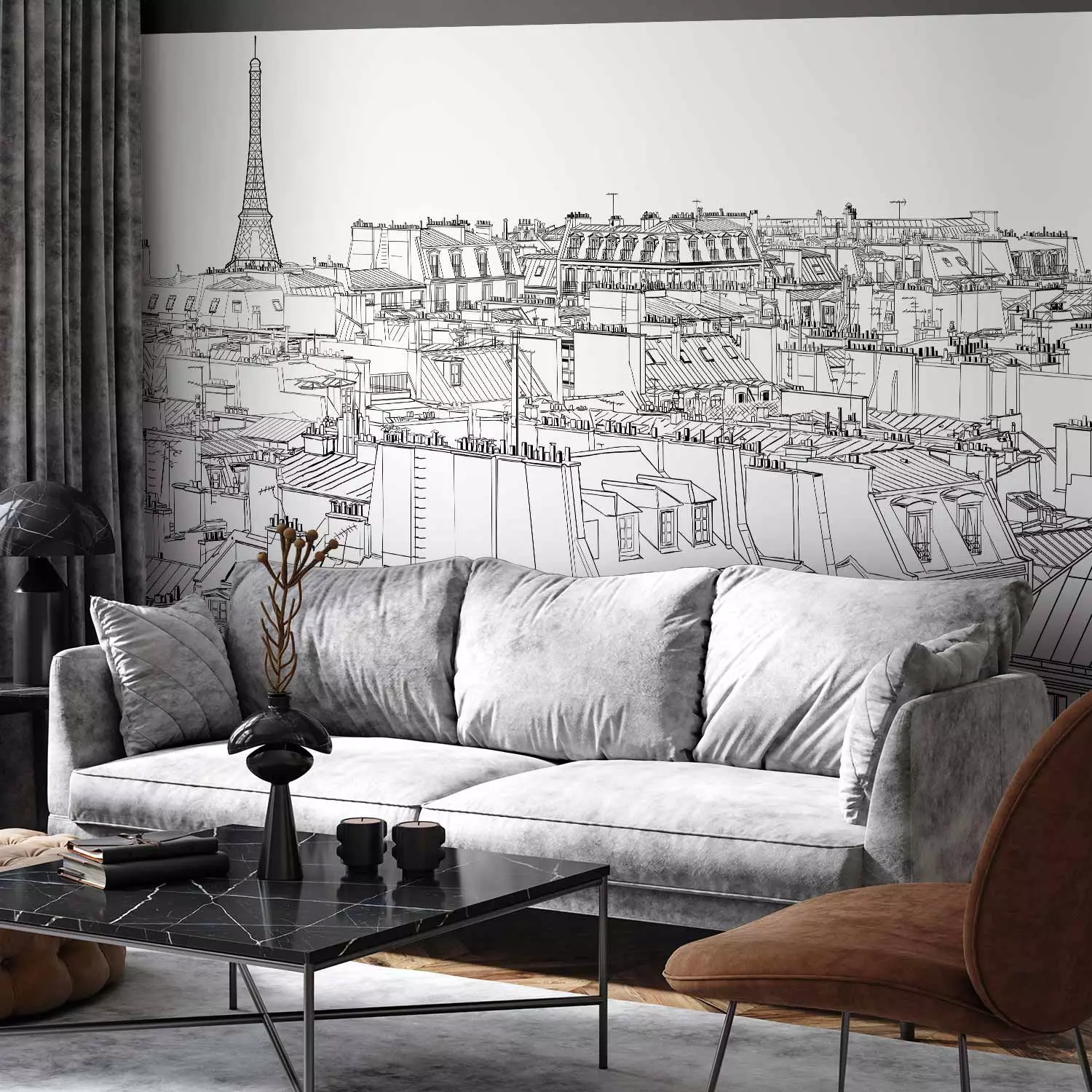 Wall Mural Sketchbook - Black and White Sketch of Parisian City Architecture