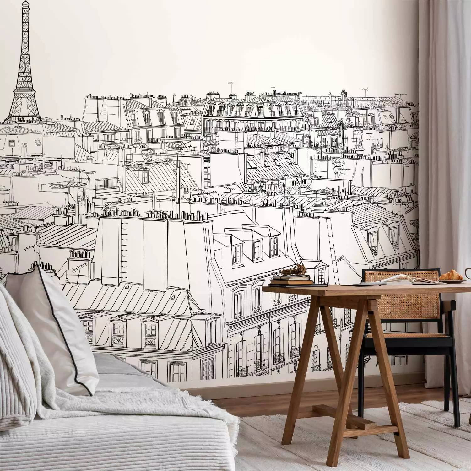 Wall Mural Sketchbook - Black and White Sketch of Parisian City Architecture