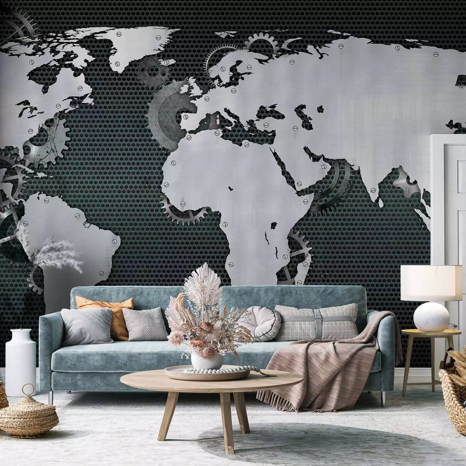Wall Mural The world is spinning - a steampunk style world map with a toothed wheels in the background