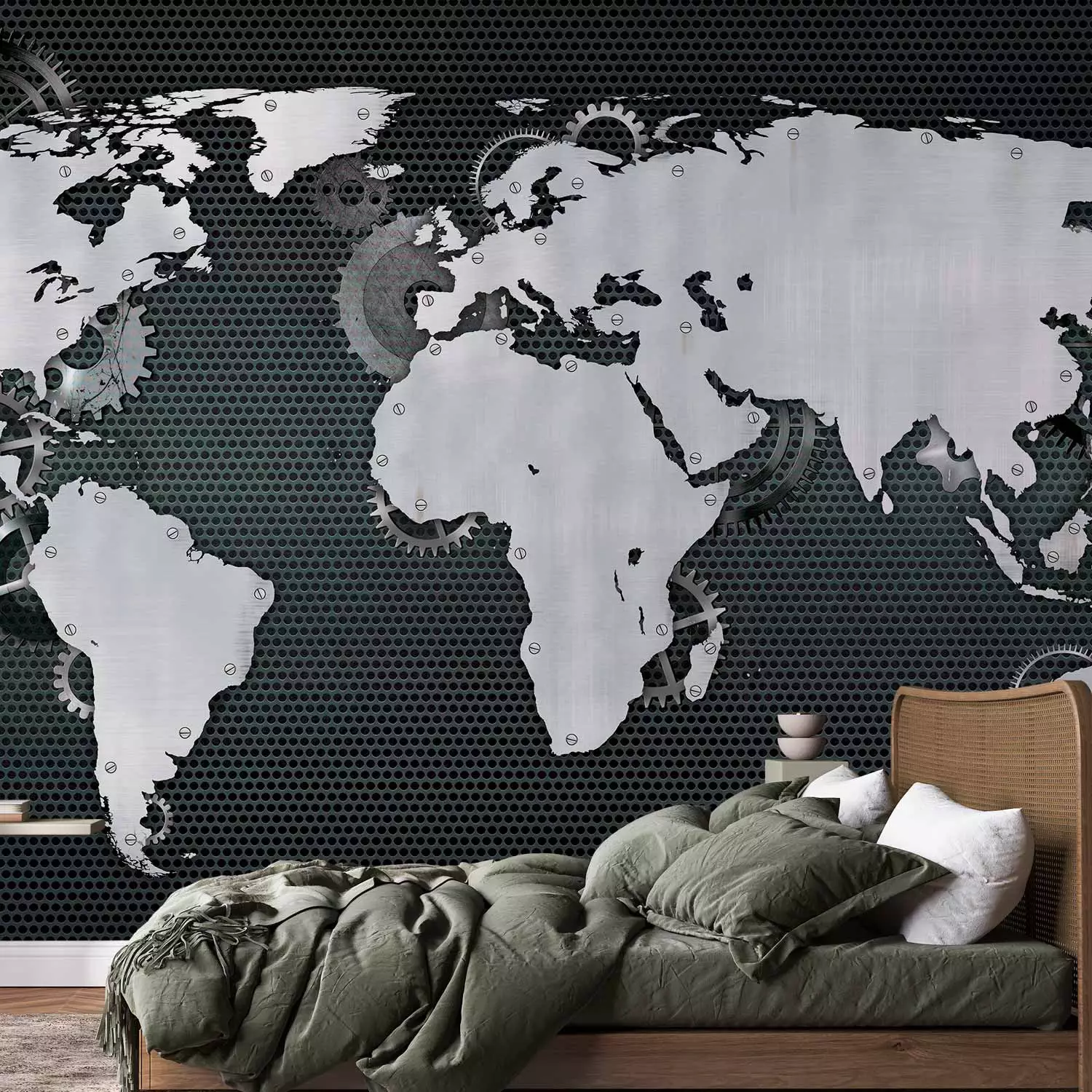 Wall Mural The world is spinning - a steampunk style world map with a toothed wheels in the background