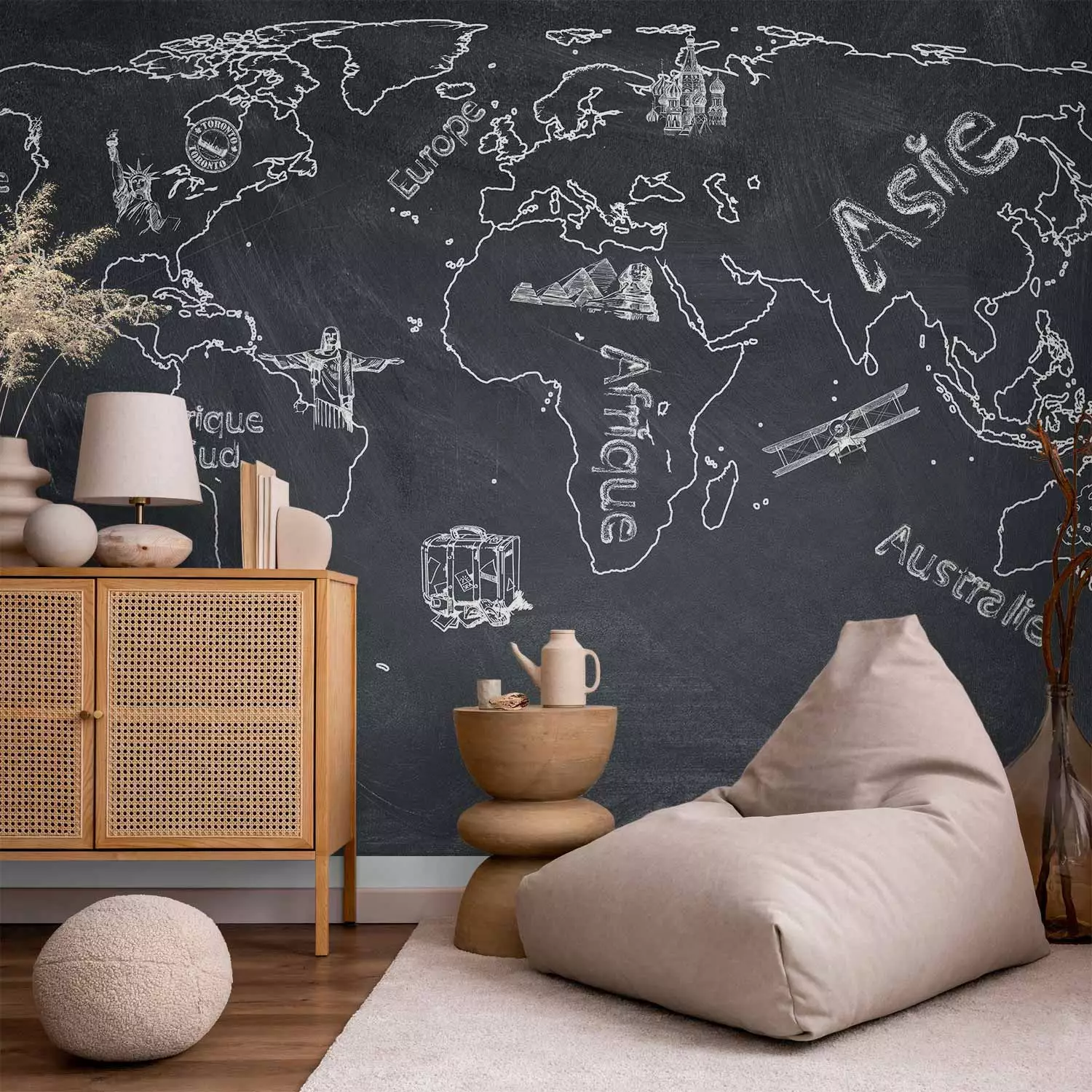 Wall Mural World Map - continents drawn with chalk on a black background -  bimago, image size:1500x1500