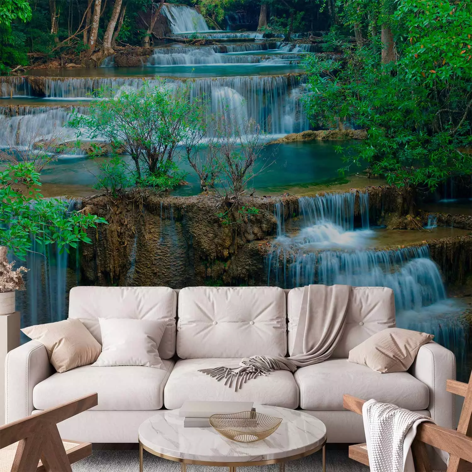 Photo Wallpaper Nature of Thailand - Landscape of Waterfalls Flowing into Water in the Forest