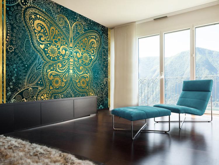 Wall Mural Oriental Design - Golden Butterfly Ornament on a Turquoise Background