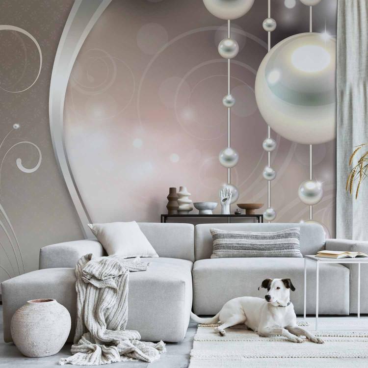 Wall Mural Pearlescent Dream - Abstraction with Pearl Pattern and Silver Waves with Shimmer