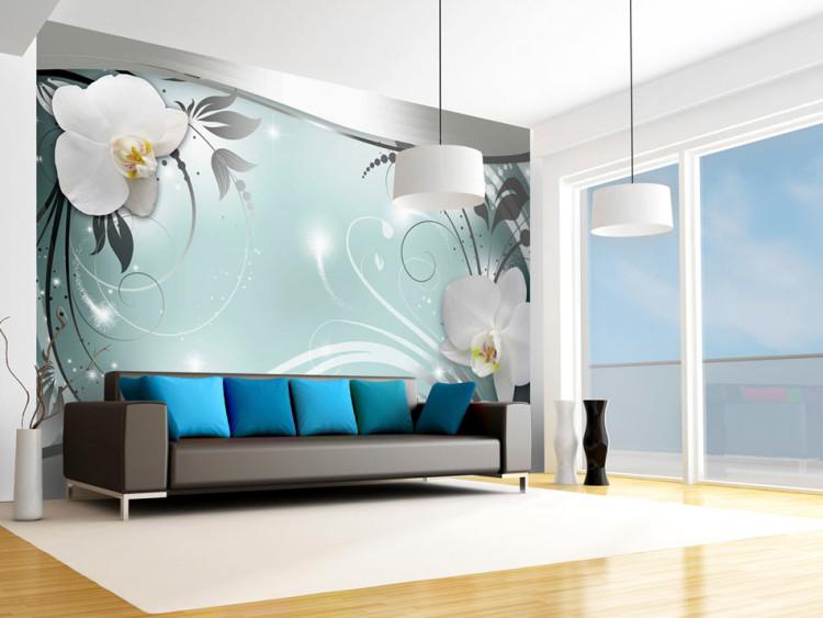Wall Mural Blue Abstraction - Orchid Flowers on a Blue Background with Ornaments