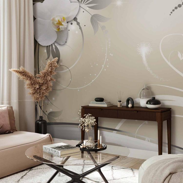 Wall Mural Beige Abstraction - Orchids on a Beige Background with Silver Details
