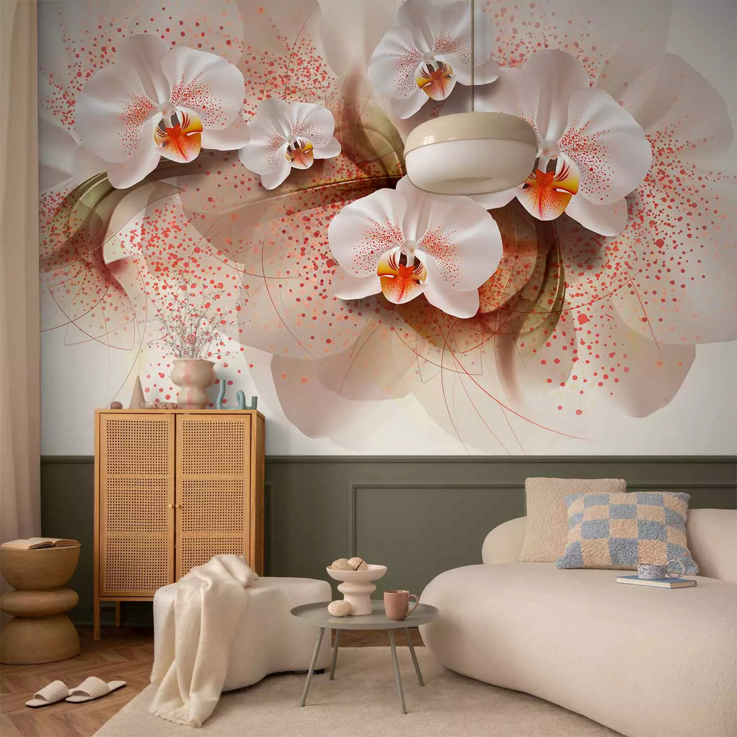 Wall Mural Beauty of Plants - Beautiful White Orchid Flowers with Leaf Patterns