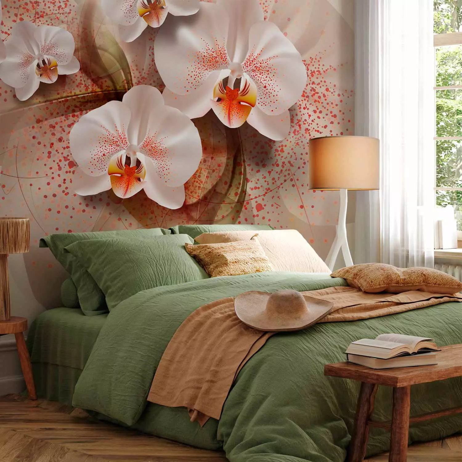 Wall Mural Beauty of Plants - Beautiful White Orchid Flowers with Leaf Patterns