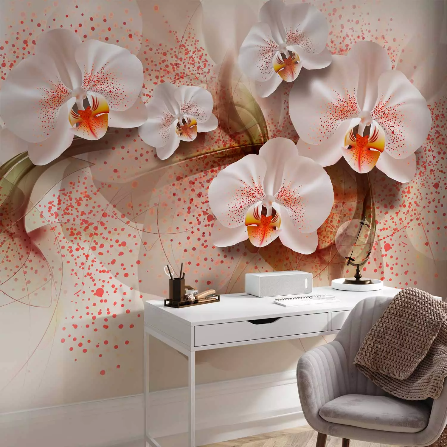 Wall Mural Beauty of Plants - Beautiful White Orchid Flowers with Leaf Patterns