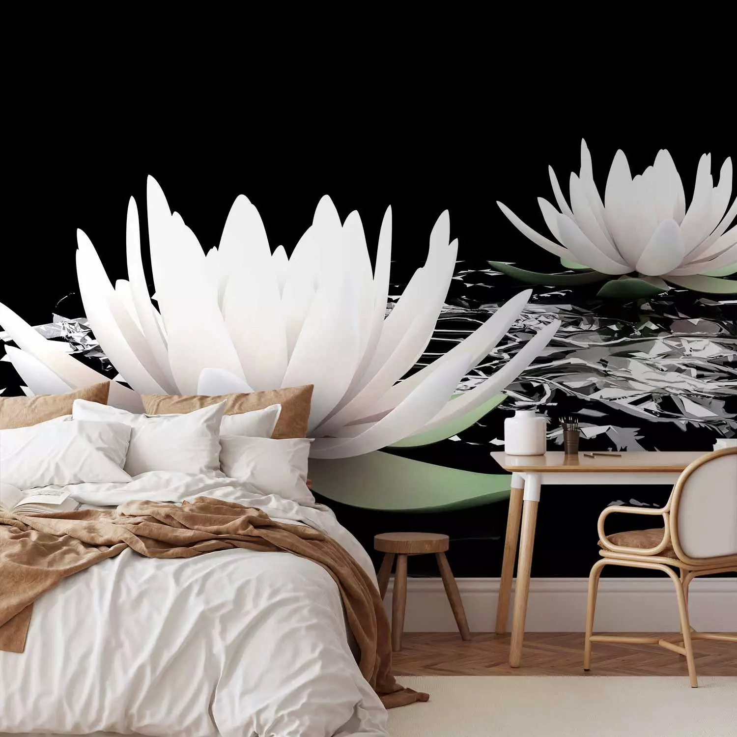 Photo Wallpaper Beauty of Plants - Floating White Water Lilies on a Black Background