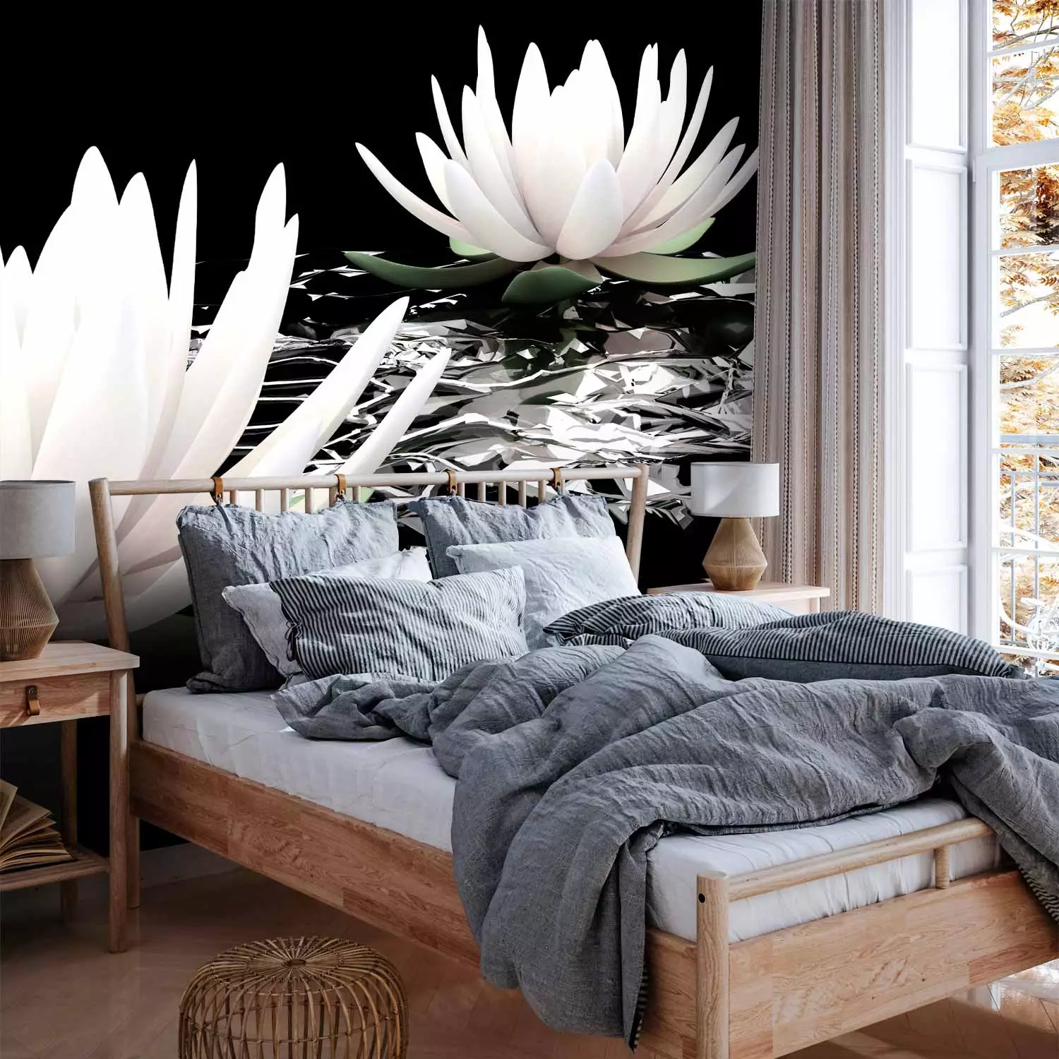 Photo Wallpaper Beauty of Plants - Floating White Water Lilies on a Black Background
