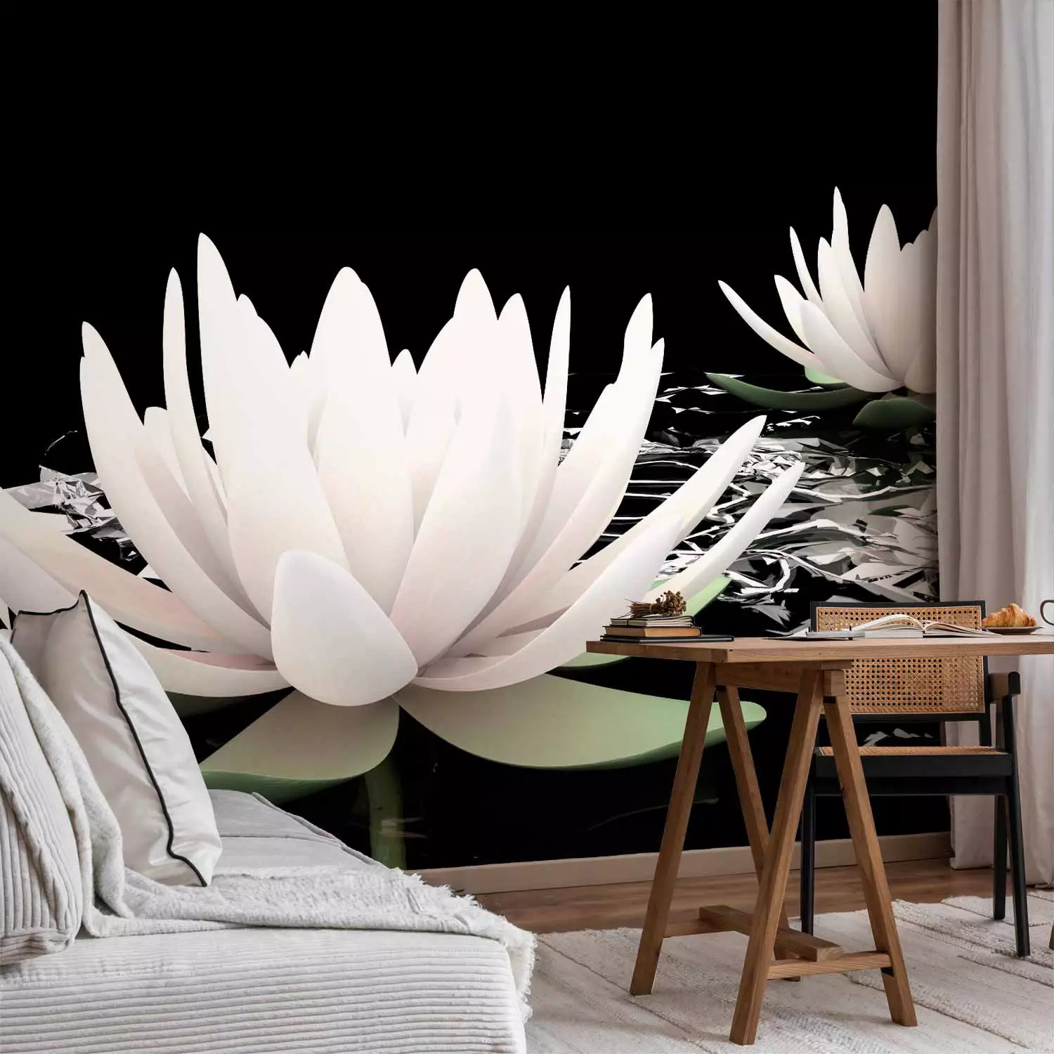 Photo Wallpaper Beauty of Plants - Floating White Water Lilies on a Black Background