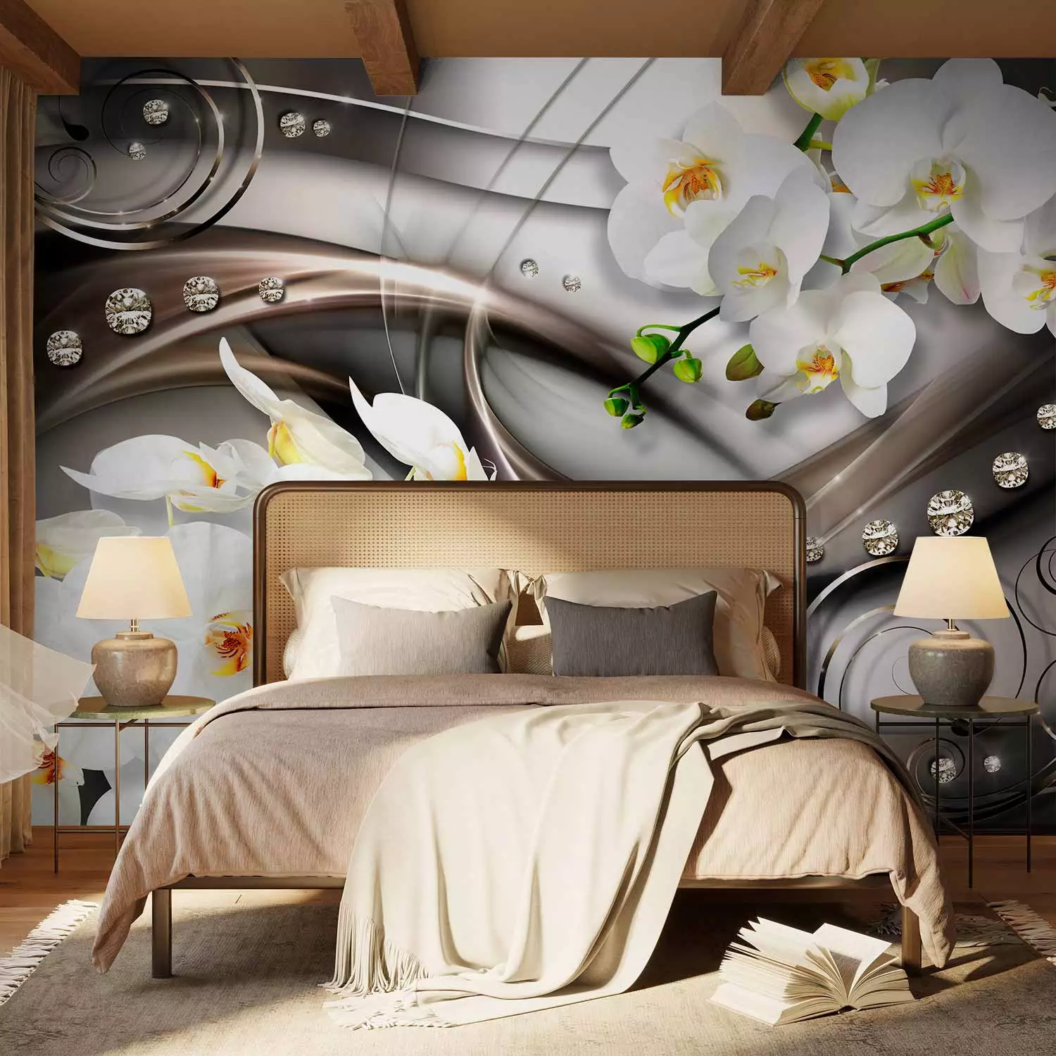 Wall Mural Abstract About Flowers - White Orchids on a Silver Composition Background