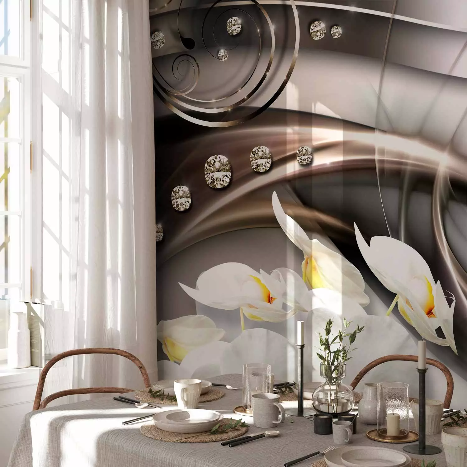 Wall Mural Abstract About Flowers - White Orchids on a Silver Composition Background