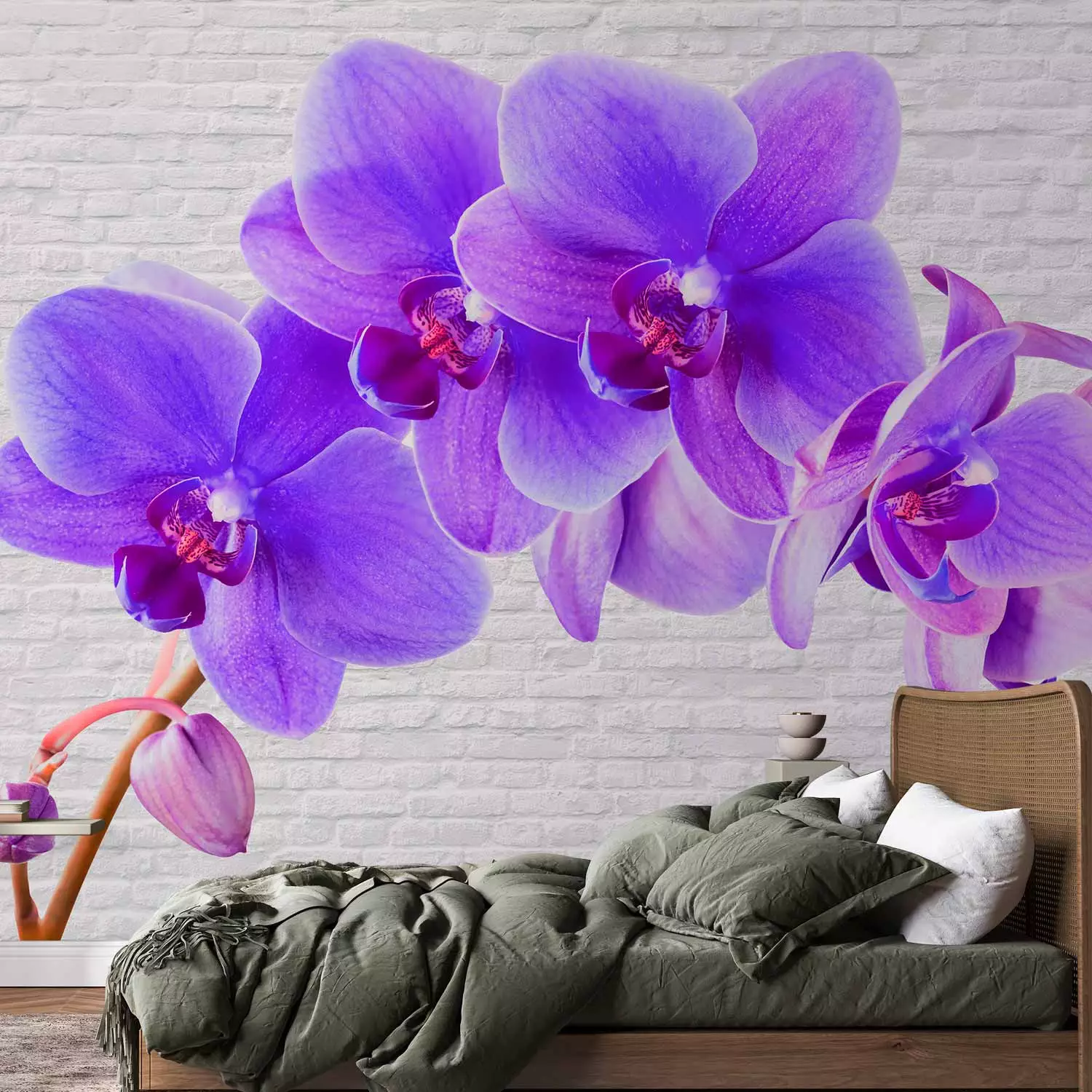 Wall Mural Purple Excitement - Orchid Flower Motif on a White Brick  Background - bimago