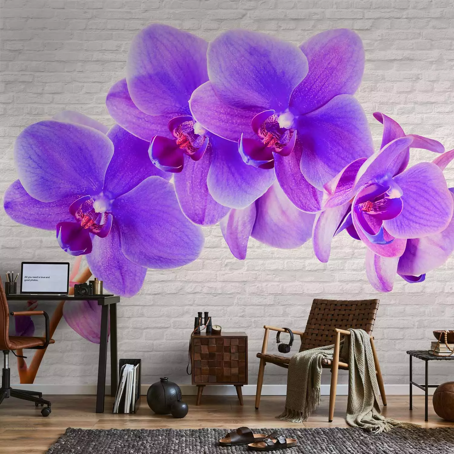 Wall Mural Purple Excitement - Orchid Flower Motif on a White Brick  Background - bimago, image size:1500x1500