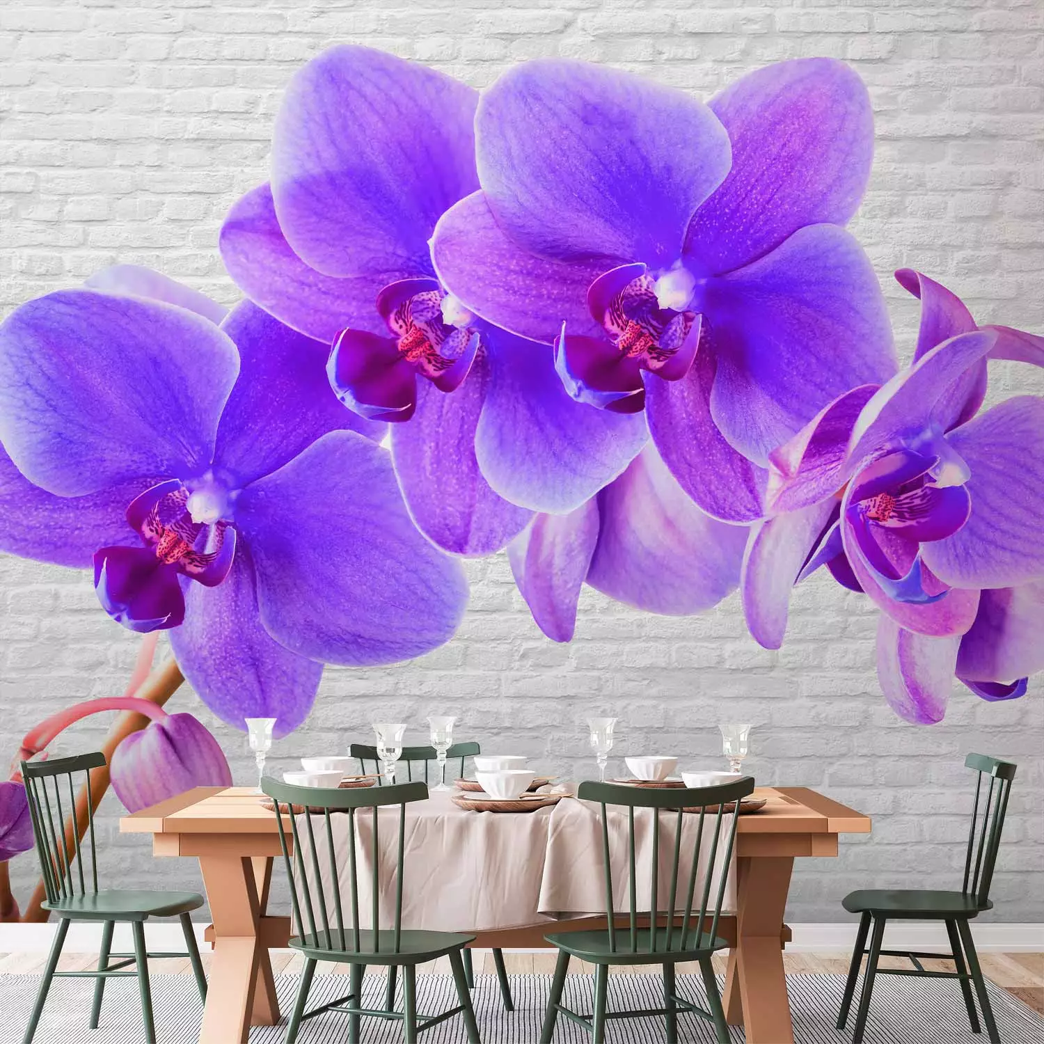 Wall Mural Purple Excitement - Orchid Flower Motif on a White Brick  Background - bimago