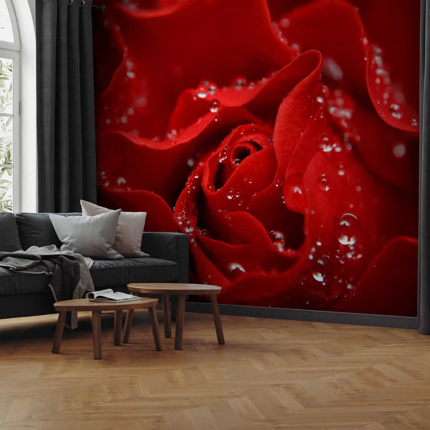 red flower wallpaper living room