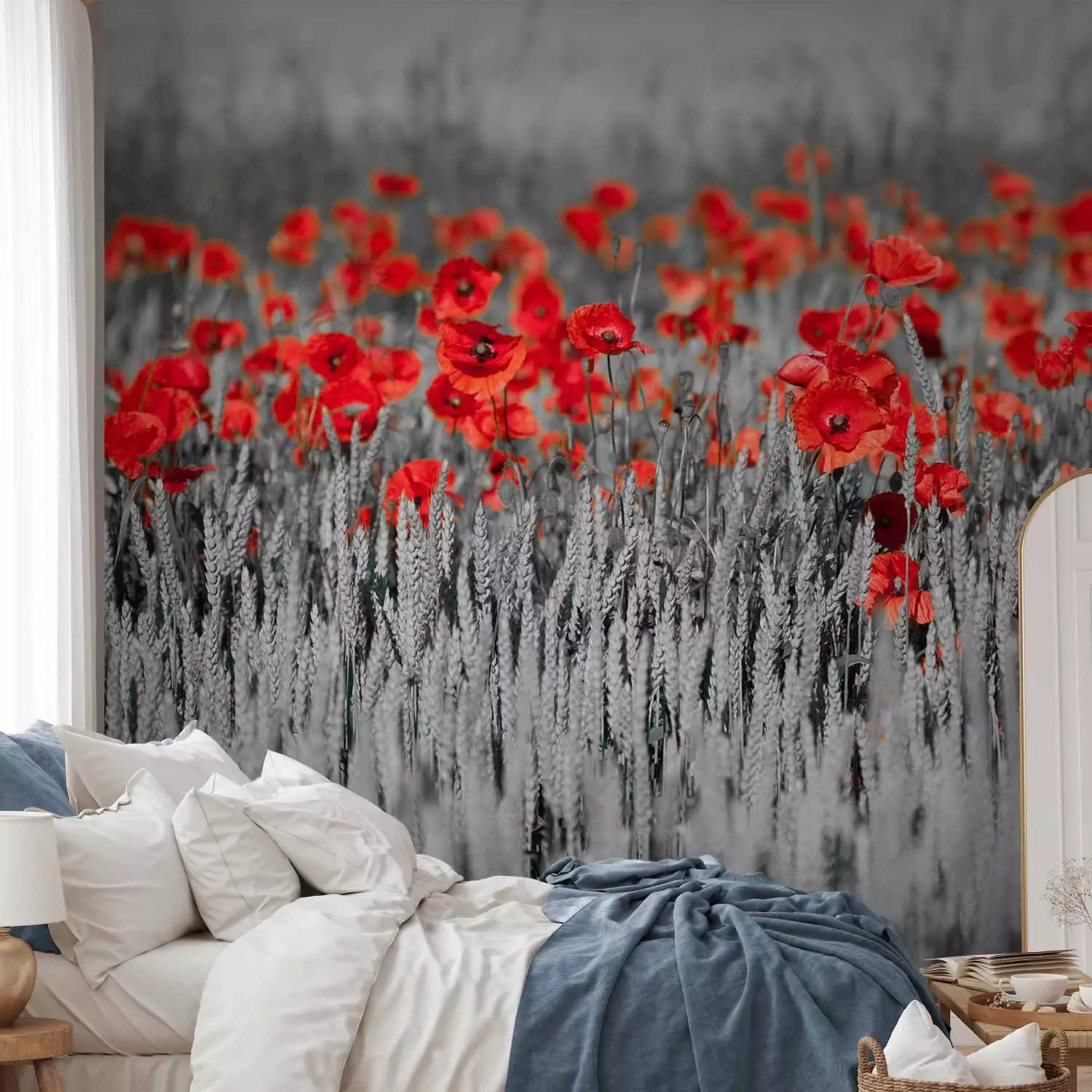 Wall Mural Poppies on Black and White Grain - Contrasting Shot of Red Flowers