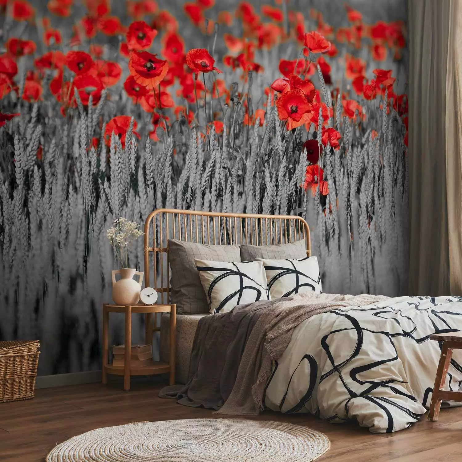 Wall Mural Red Poppies in Black and White Grain - Contrasting Abstraction  of Flowers - bimago, image size:1500x1500
