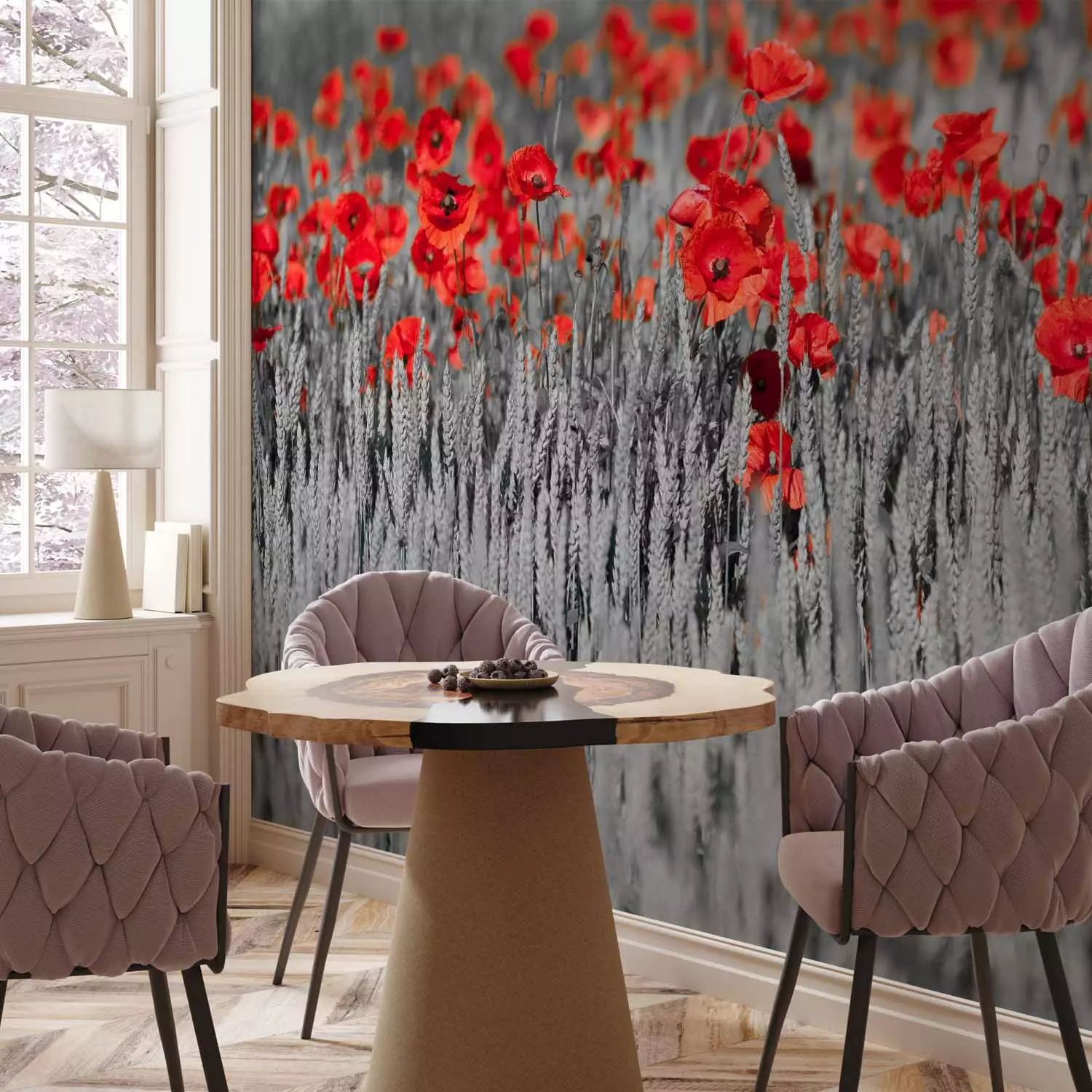 Wall Mural Red Poppies in Black and White Grain - Contrasting Abstraction  of Flowers - bimago, image size:1500x1500