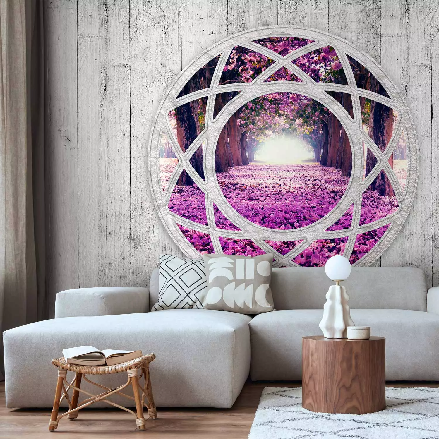 Photo Wallpaper Fuchsia Landscape - Window View in Provencal Style with an Illusion Effect