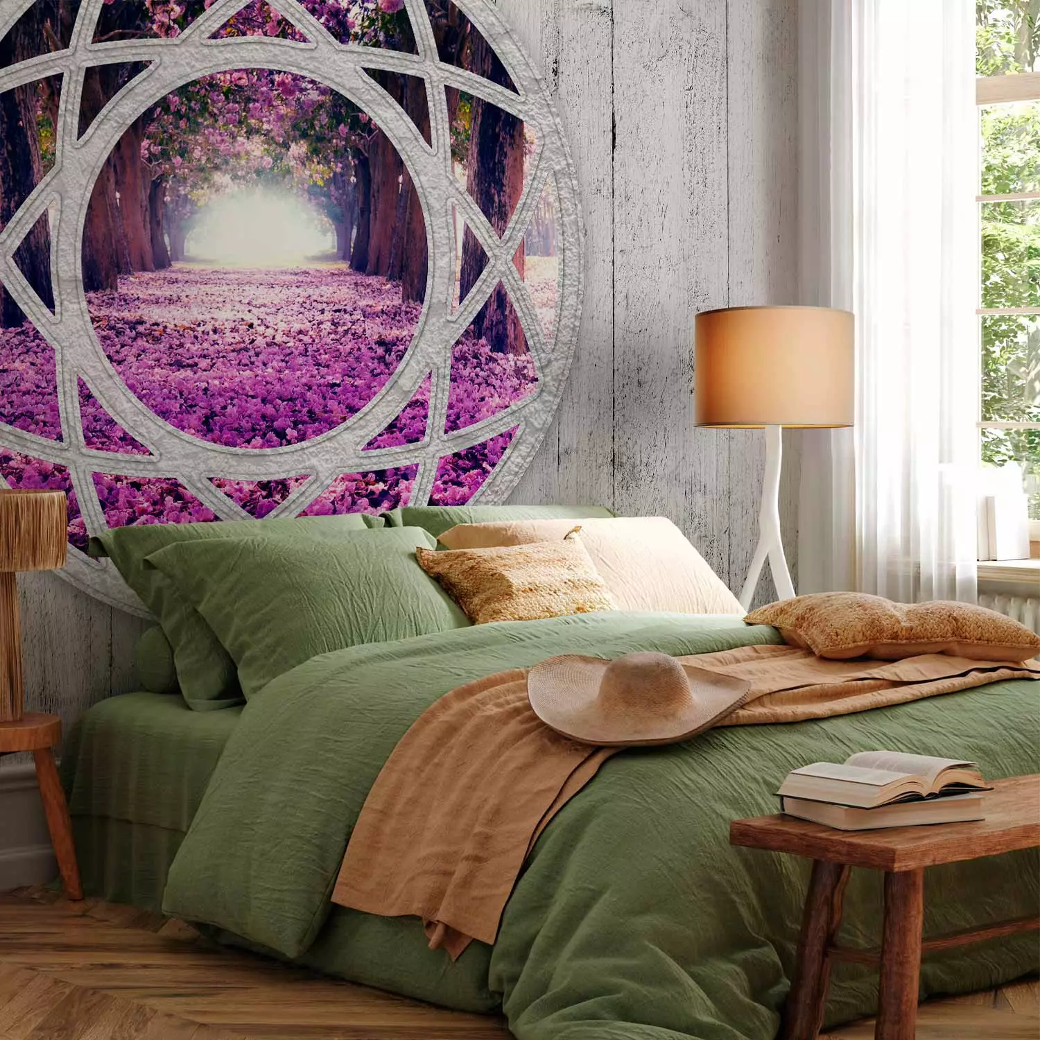 Photo Wallpaper Fuchsia Landscape - Window View in Provencal Style with an Illusion Effect