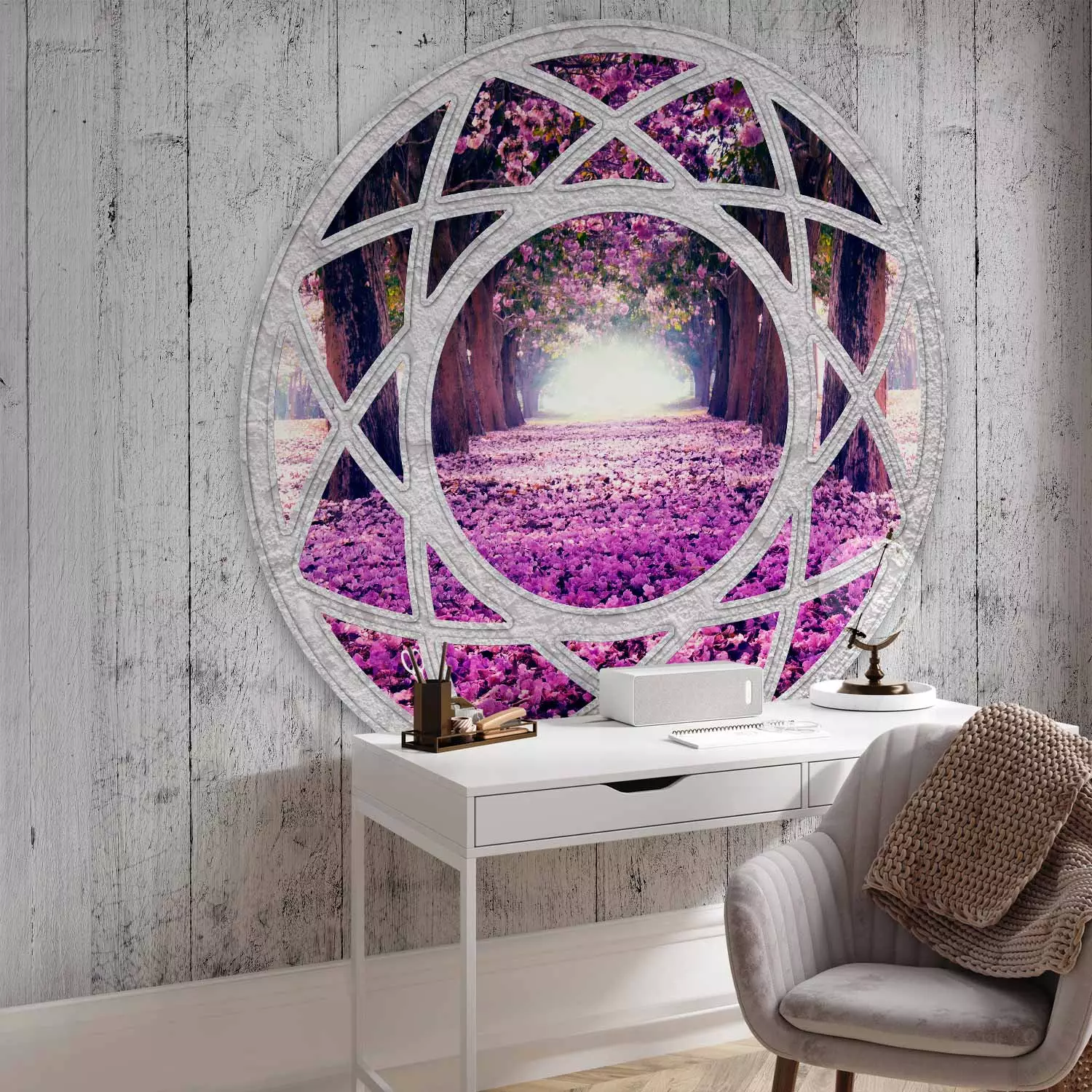 Photo Wallpaper Fuchsia Landscape - Window View in Provencal Style with an Illusion Effect
